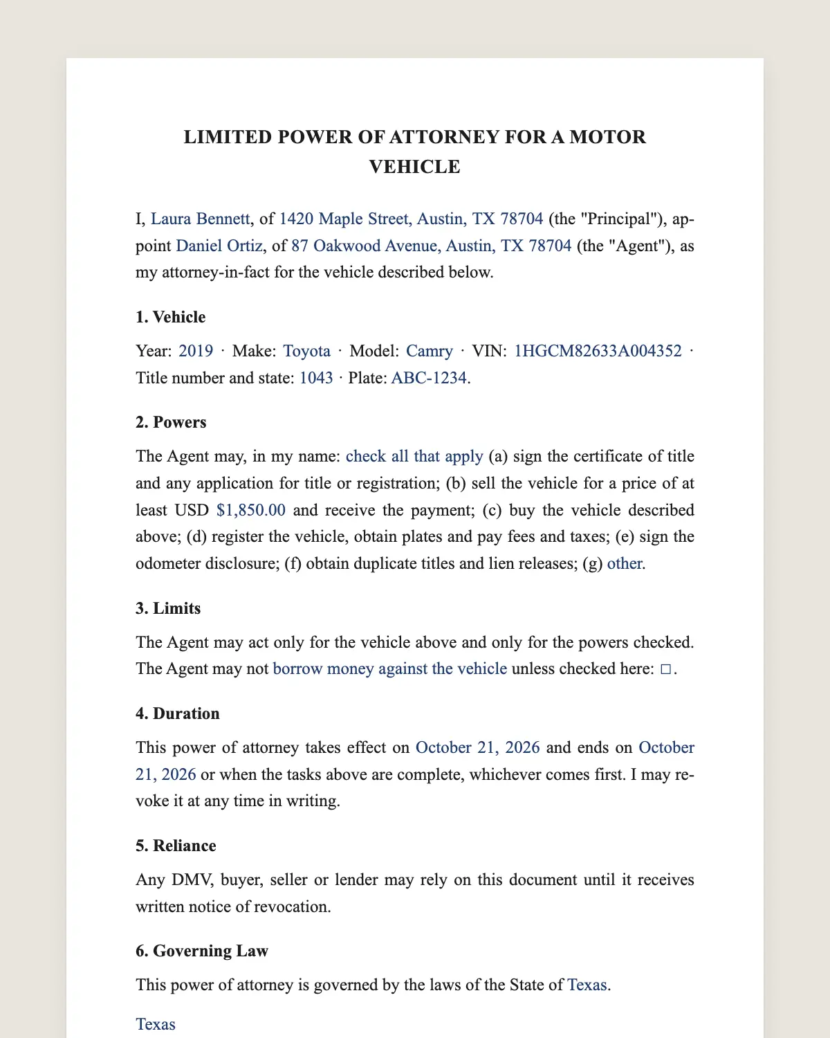 Vehicle power of attorney example, filled in with sample data