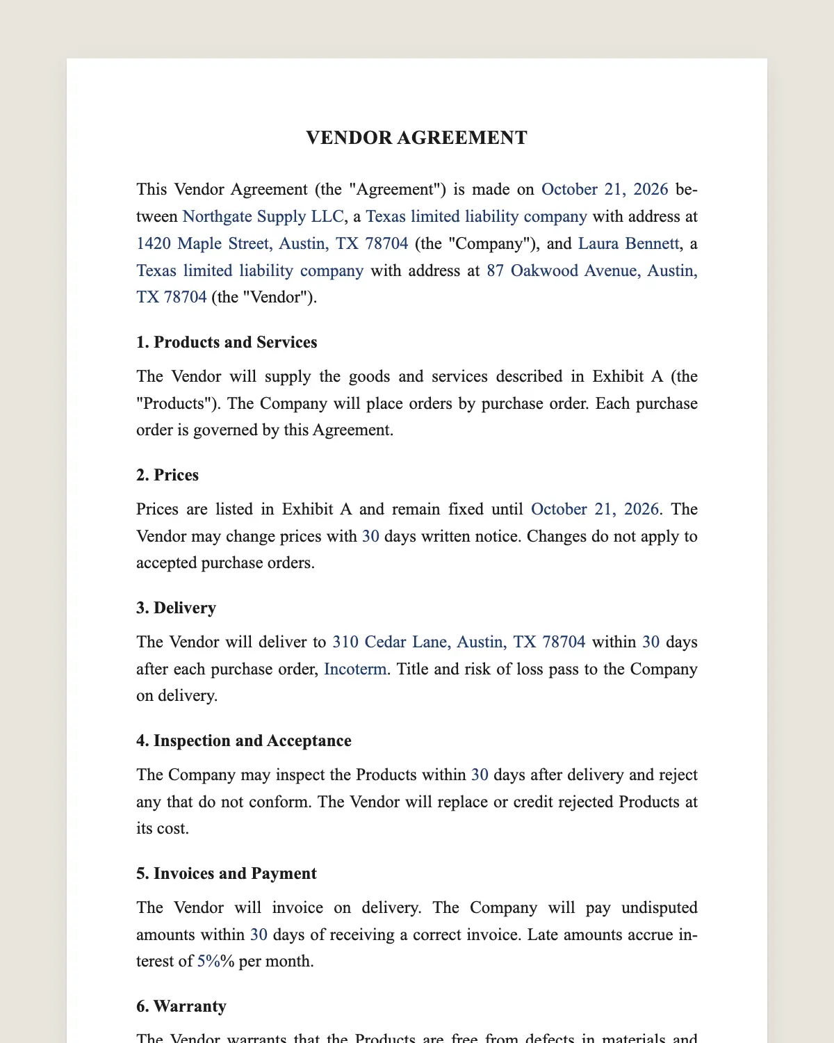 Vendor agreement example, filled in with sample data