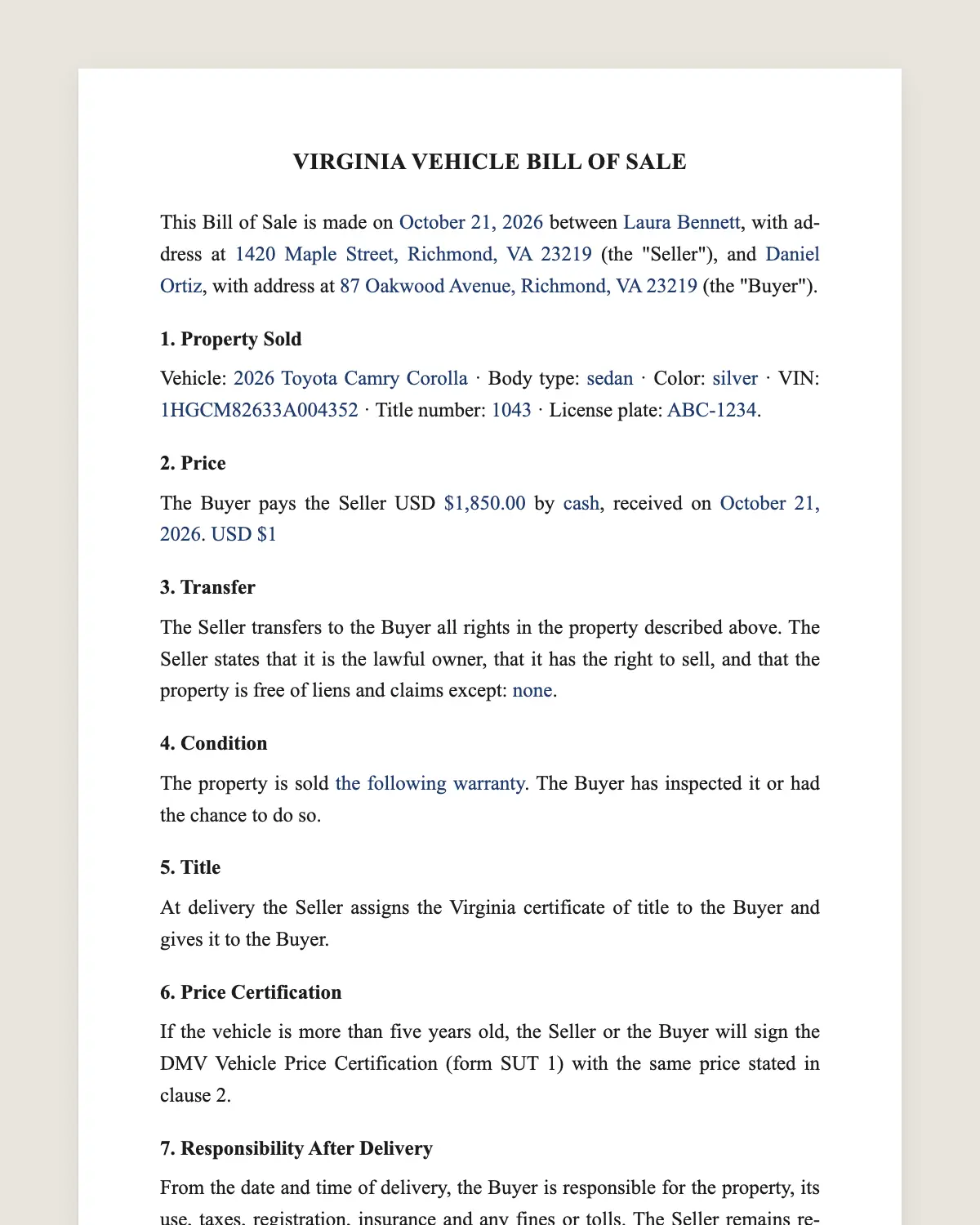 Virginia bill of sale example, filled in with sample data