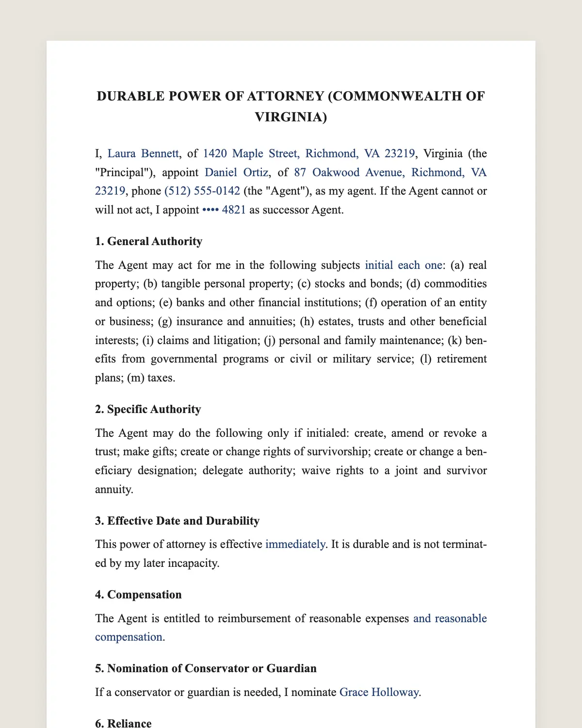 Virginia power of attorney example, filled in with sample data