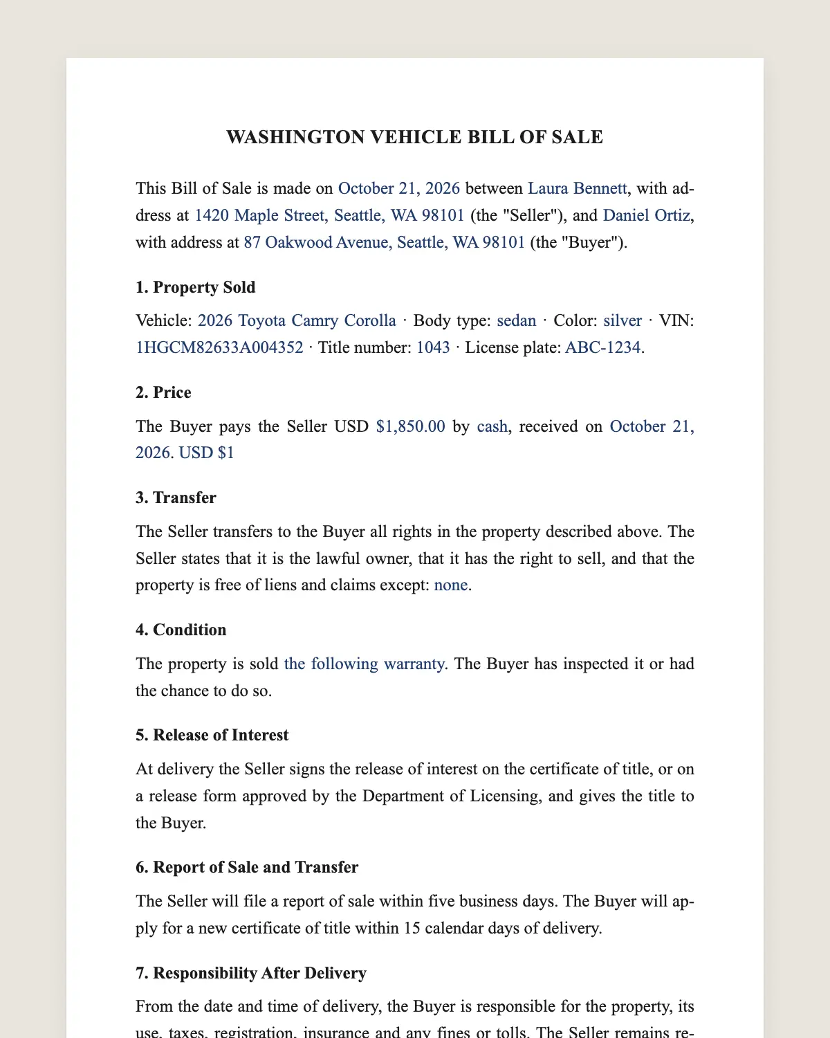 Washington bill of sale example, filled in with sample data