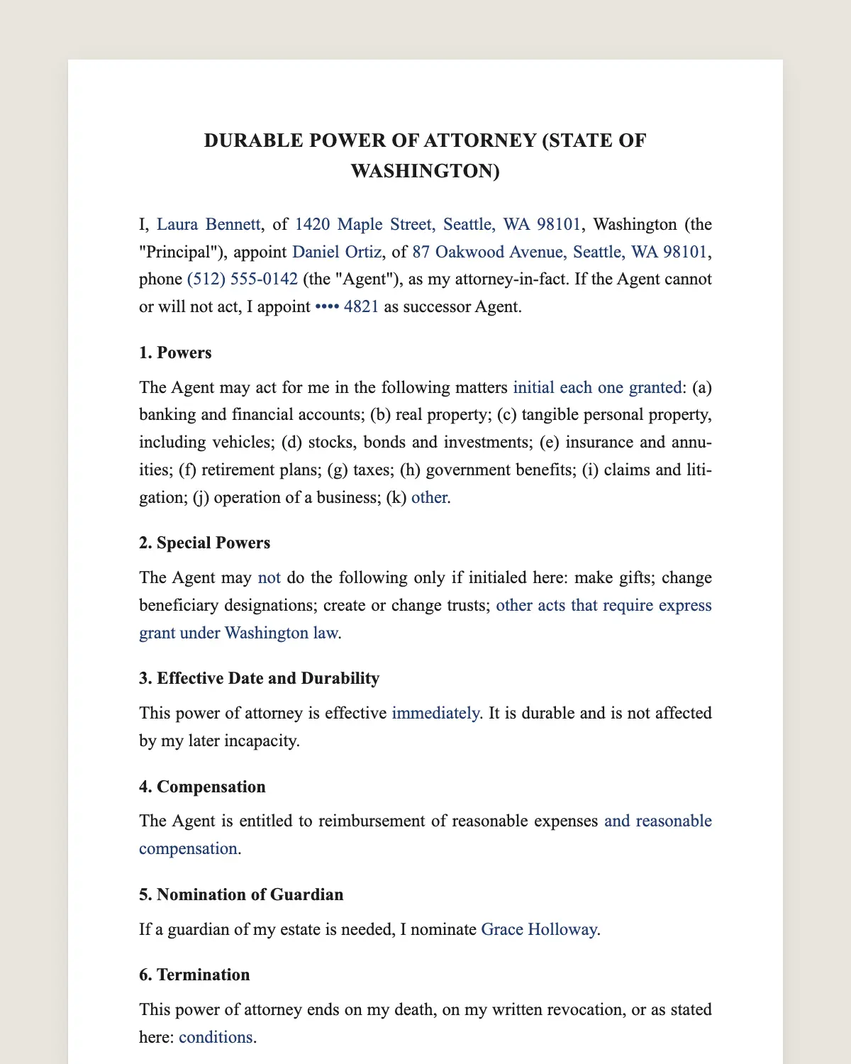 Washington power of attorney example, filled in with sample data