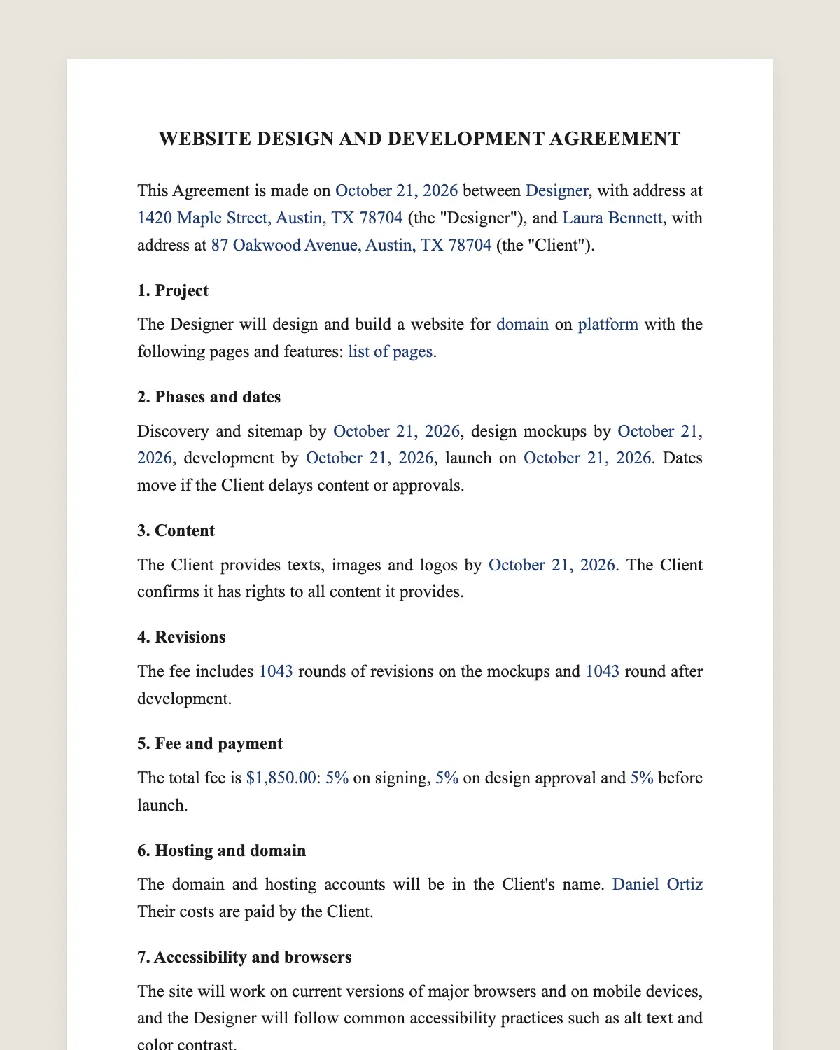 Web design contract example, filled in with sample data