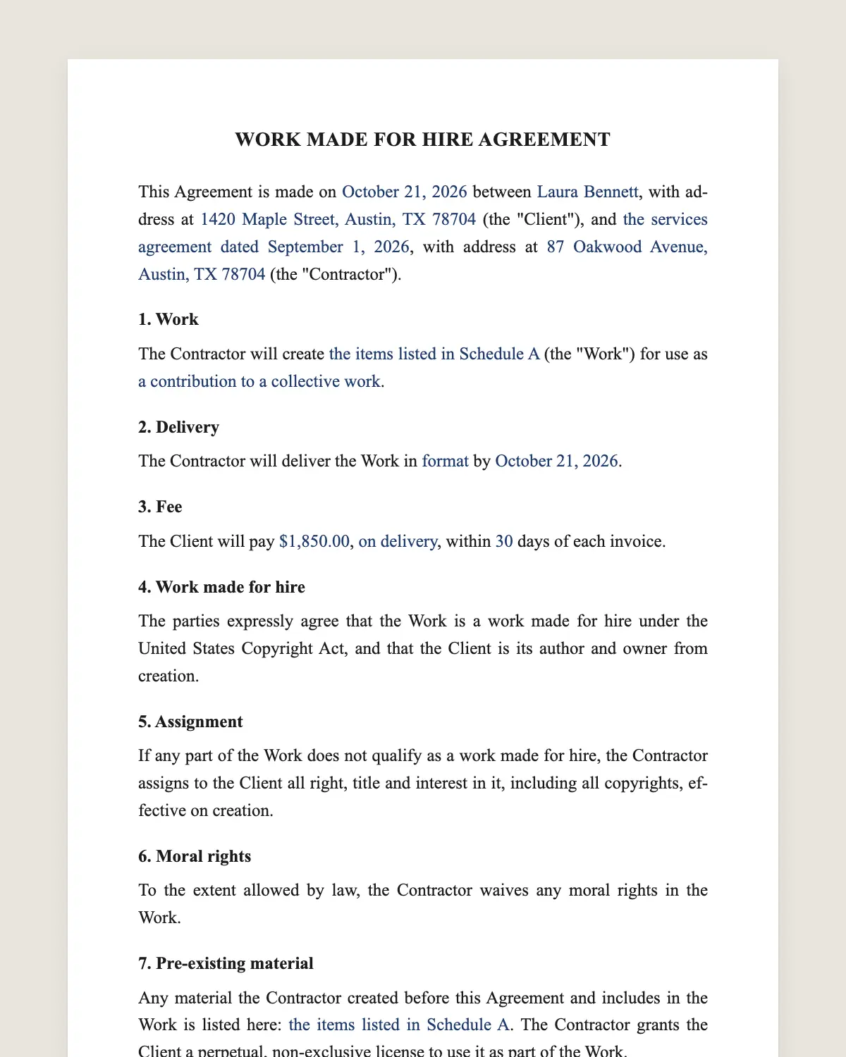 Work for hire agreement example, filled in with sample data