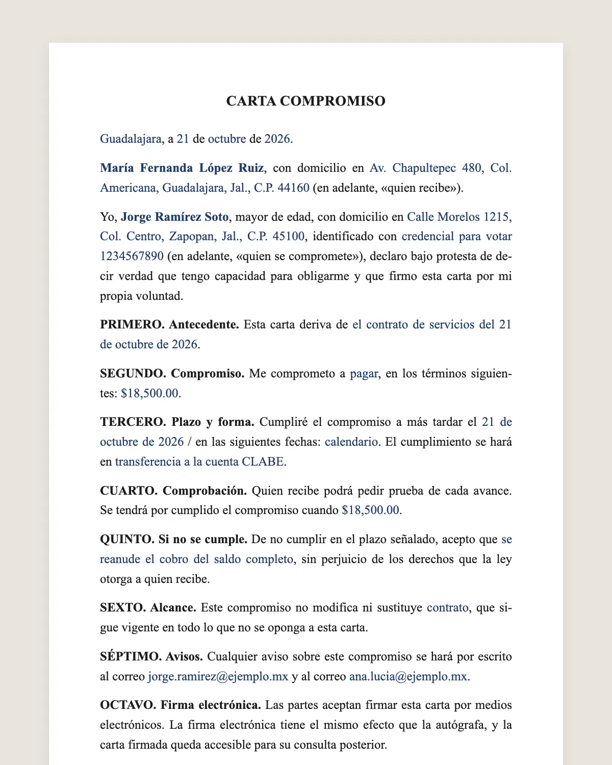 Ejemplo de Carta compromiso llenado con datos de muestra