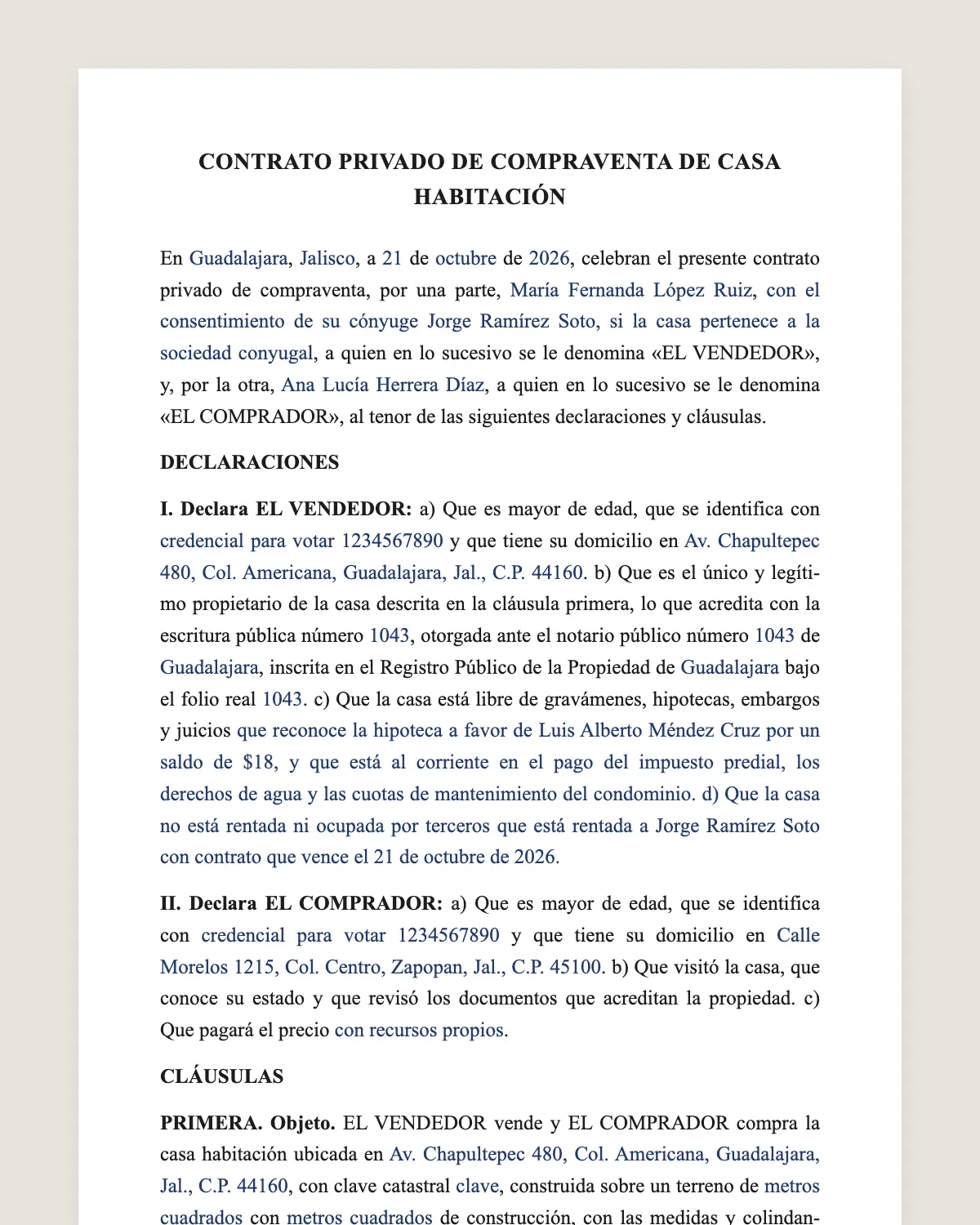 Ejemplo de Contrato de compraventa de casa llenado con datos de muestra