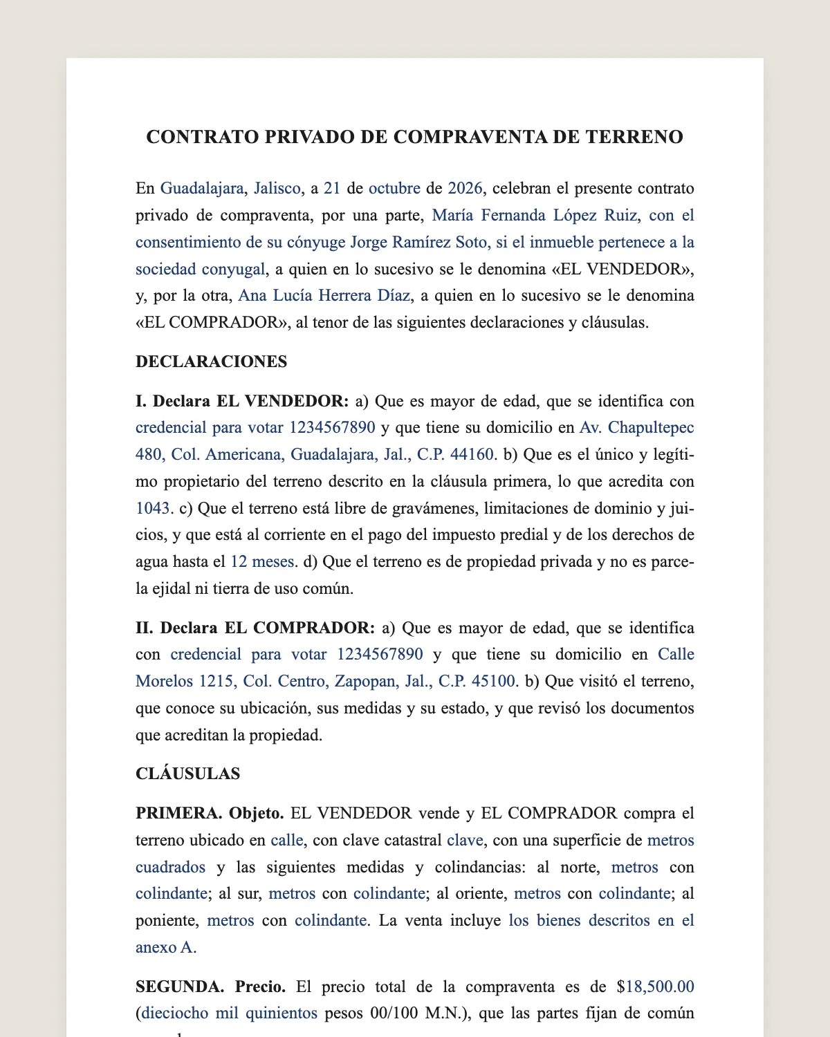 Ejemplo de Contrato de compraventa de terreno llenado con datos de muestra