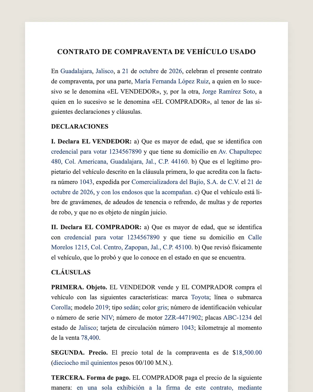 Ejemplo de Contrato de compraventa de vehículo llenado con datos de muestra