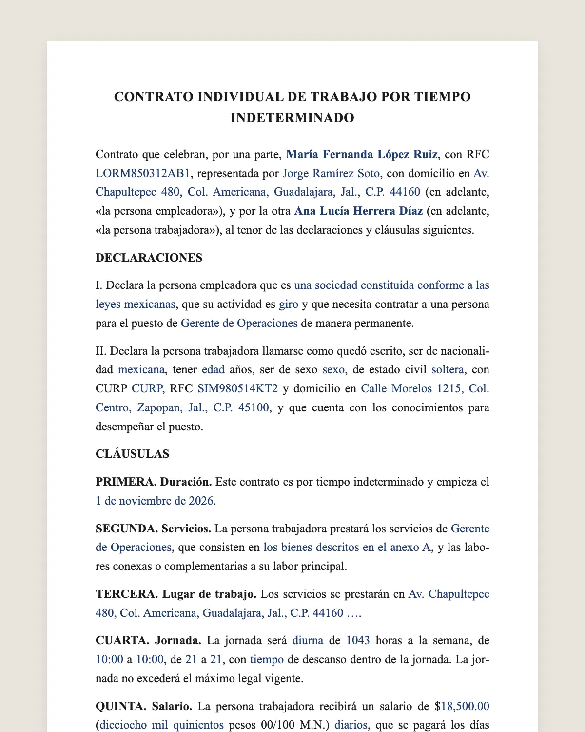 Ejemplo de Contrato por tiempo indeterminado llenado con datos de muestra