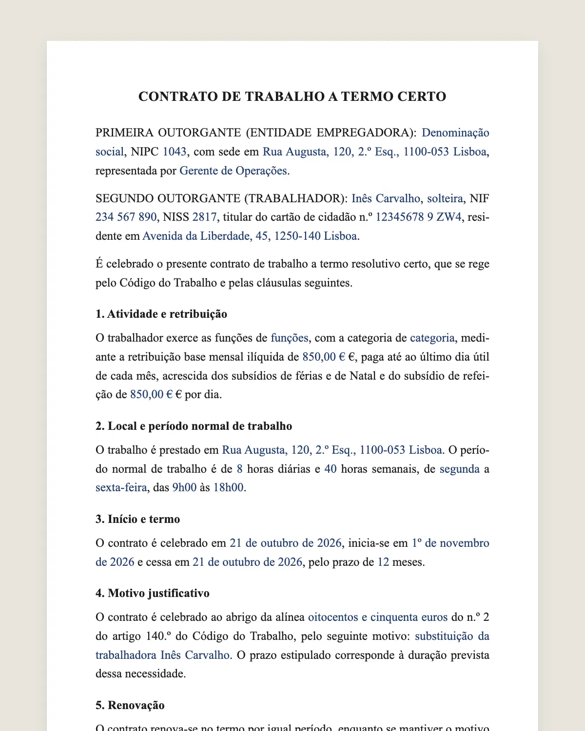 Exemplo de contrato de trabalho a termo certo preenchido com dados fictícios