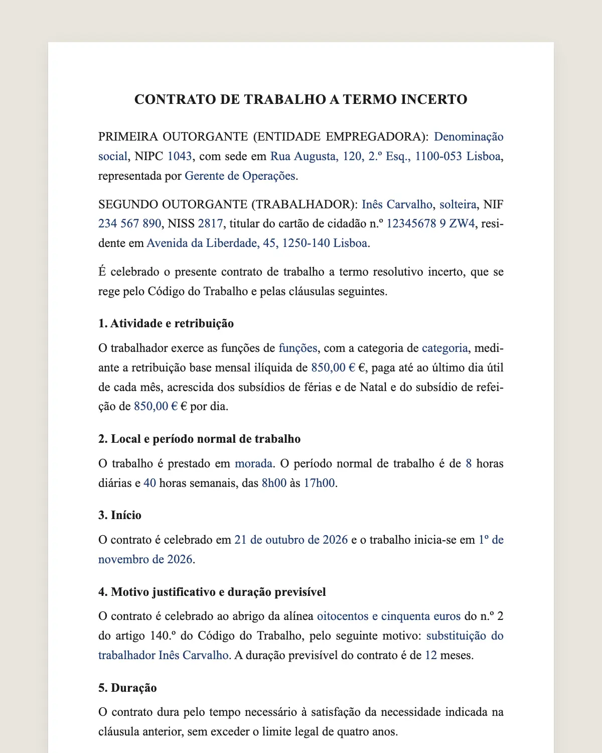 Exemplo de contrato de trabalho a termo incerto preenchido com dados fictícios