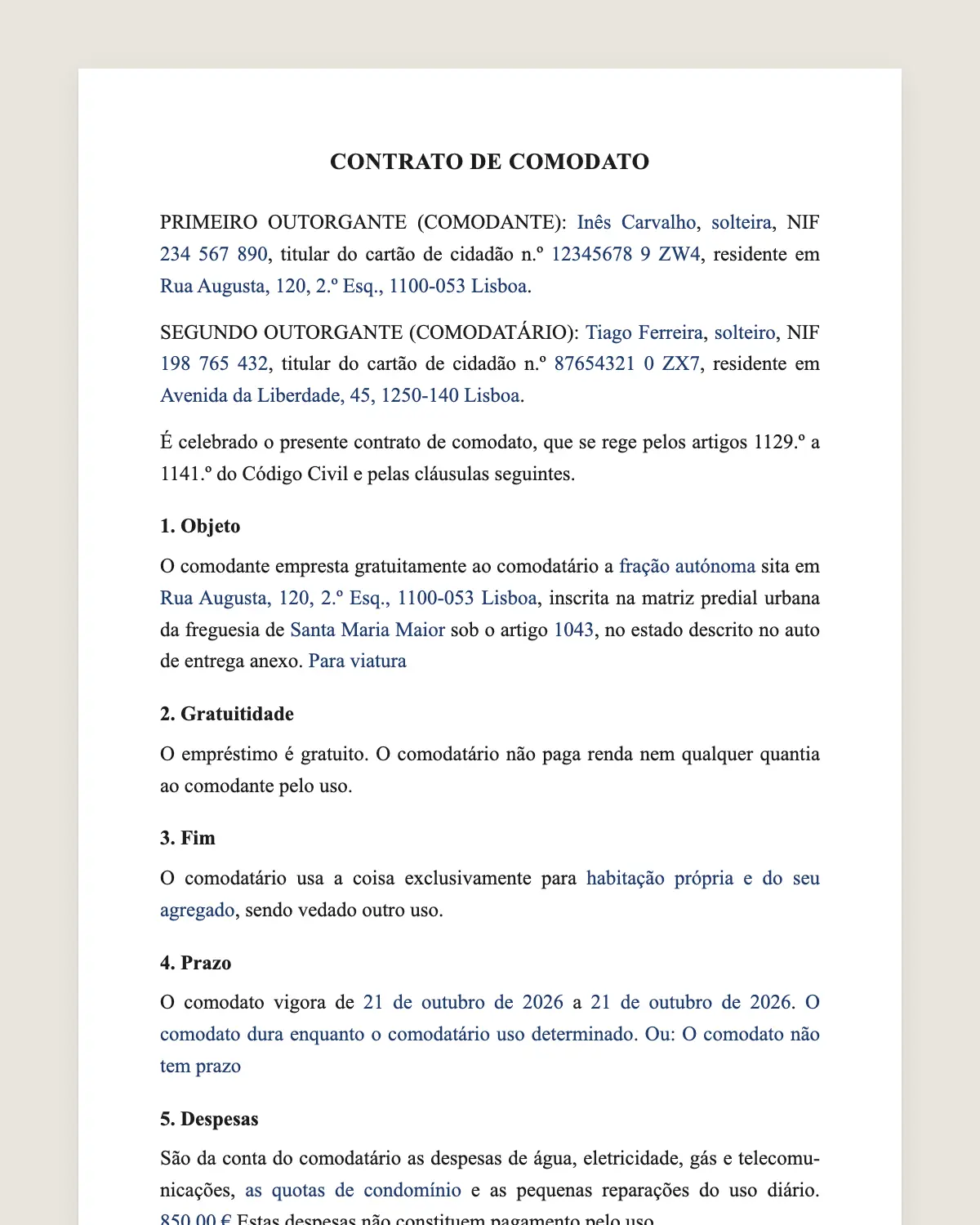 Exemplo de contrato de comodato preenchido com dados fictícios