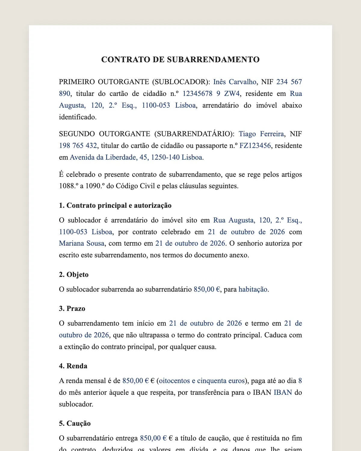 Exemplo de contrato de subarrendamento preenchido com dados fictícios