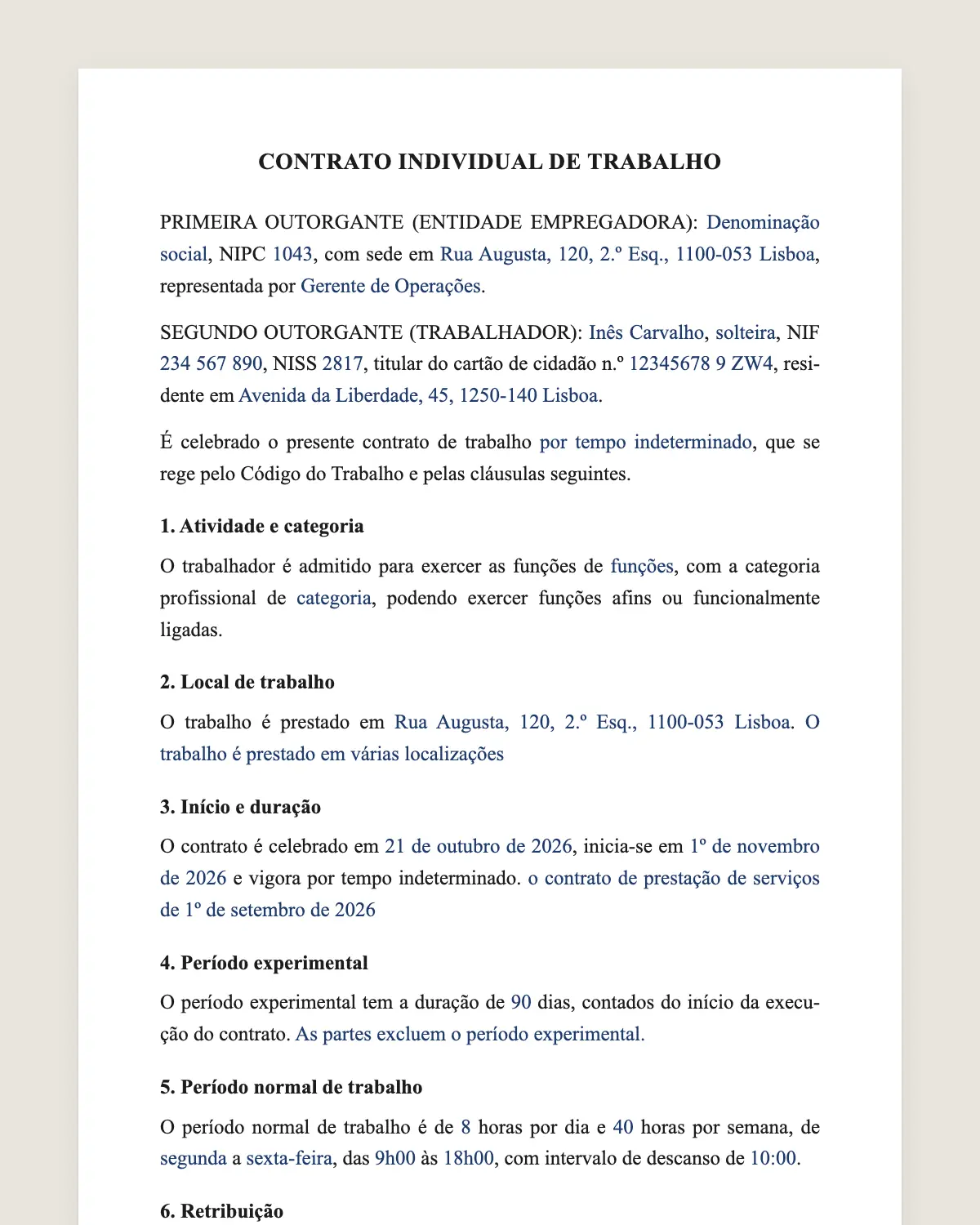 Exemplo de contrato de trabalho preenchido com dados fictícios