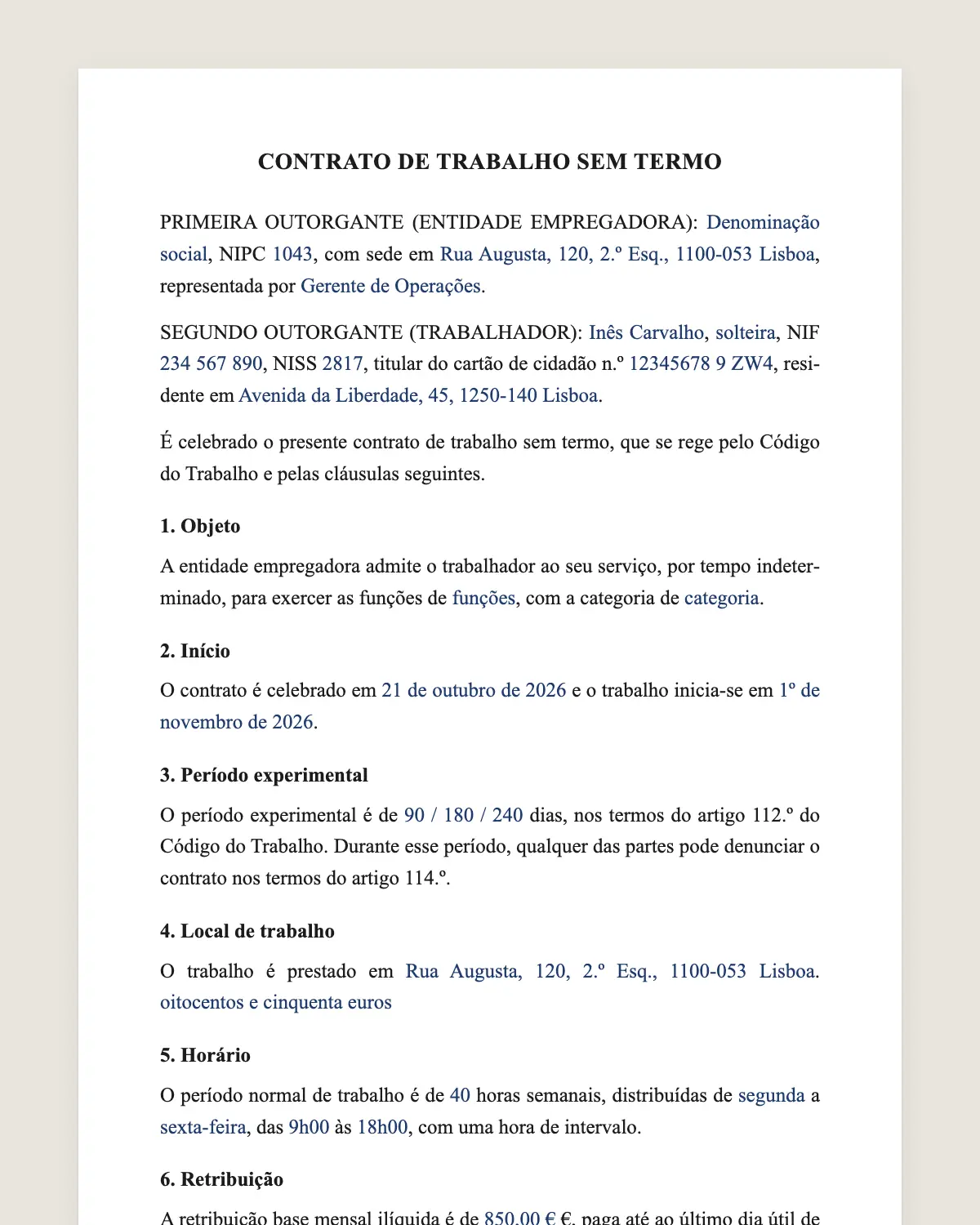 Exemplo de contrato de trabalho sem termo preenchido com dados fictícios