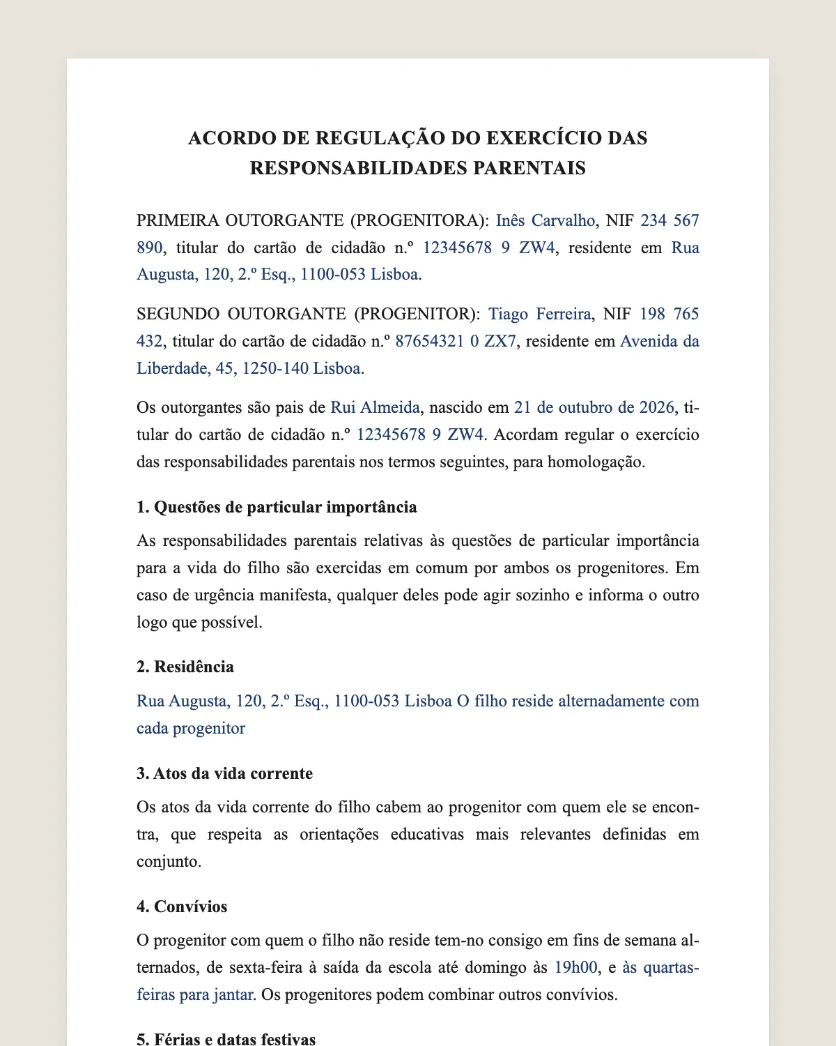 Exemplo de acordo de responsabilidades parentais preenchido com dados fictícios