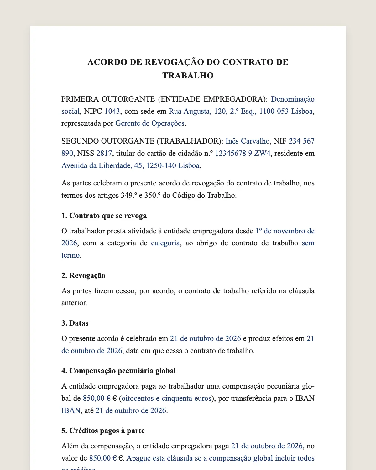 Exemplo de acordo de revogação do contrato de trabalho preenchido com dados fictícios