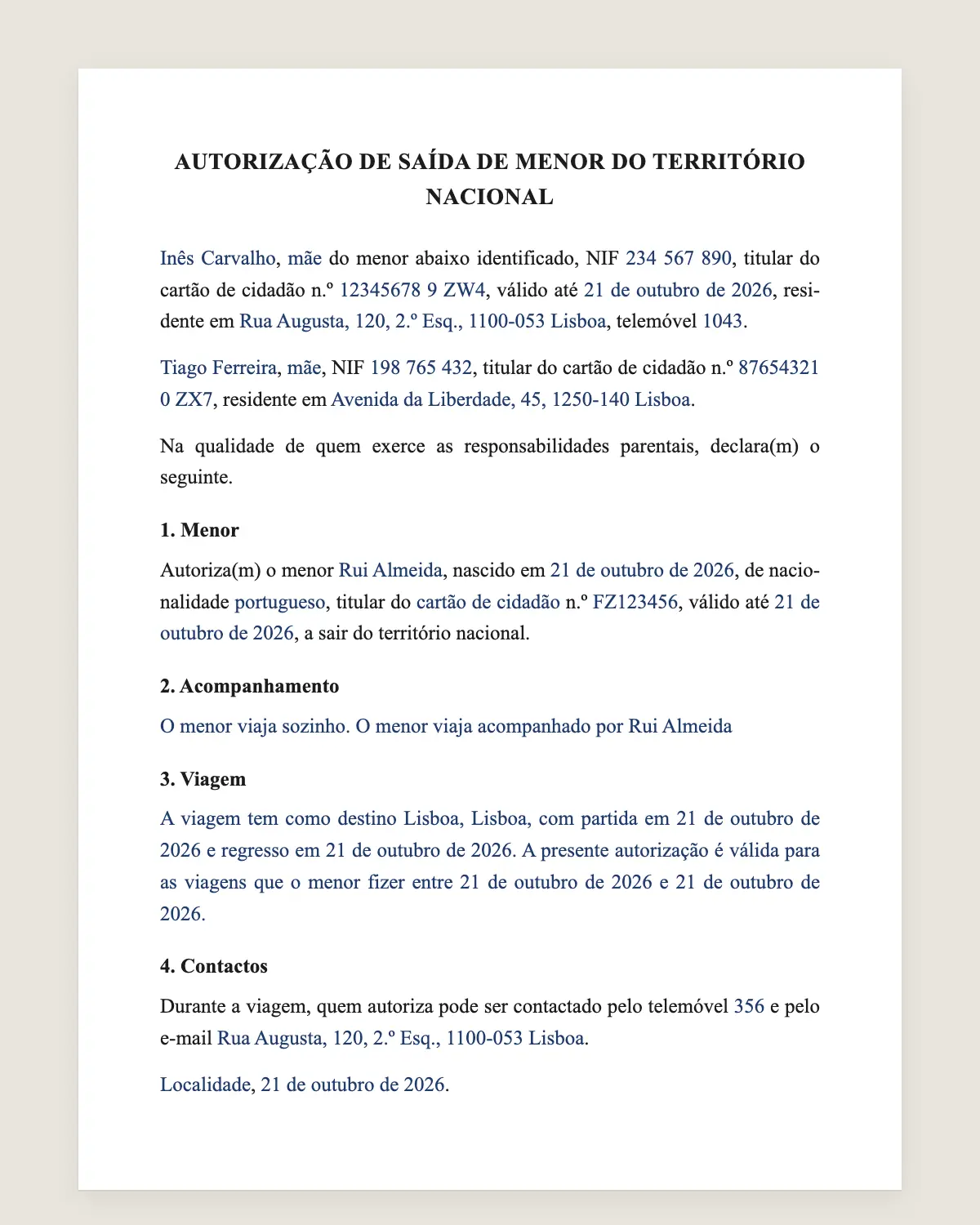 Exemplo de autorização de saída de menores preenchido com dados fictícios