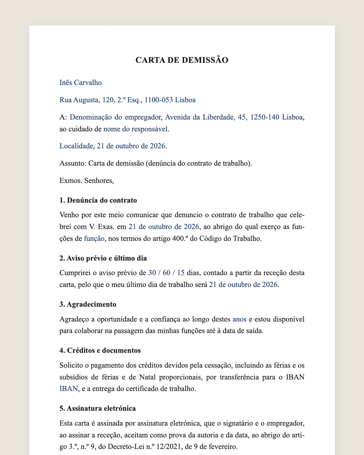 Exemplo de carta de demissão preenchido com dados fictícios