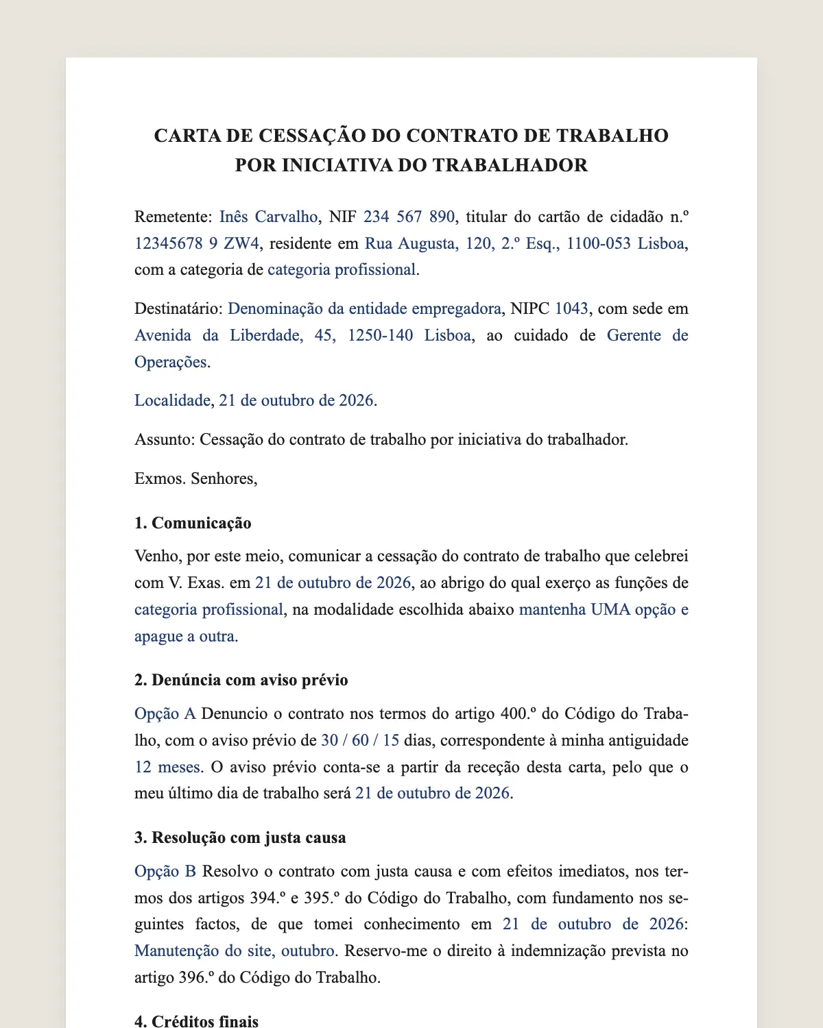Exemplo de carta de despedimento preenchido com dados fictícios