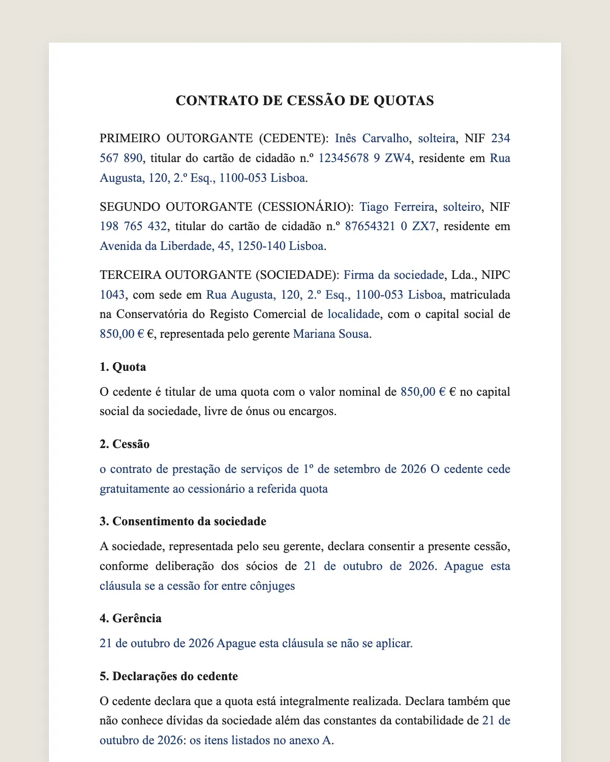 Exemplo de contrato de cessão de quotas preenchido com dados fictícios