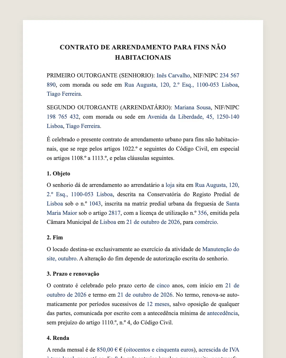Exemplo de contrato de arrendamento comercial preenchido com dados fictícios