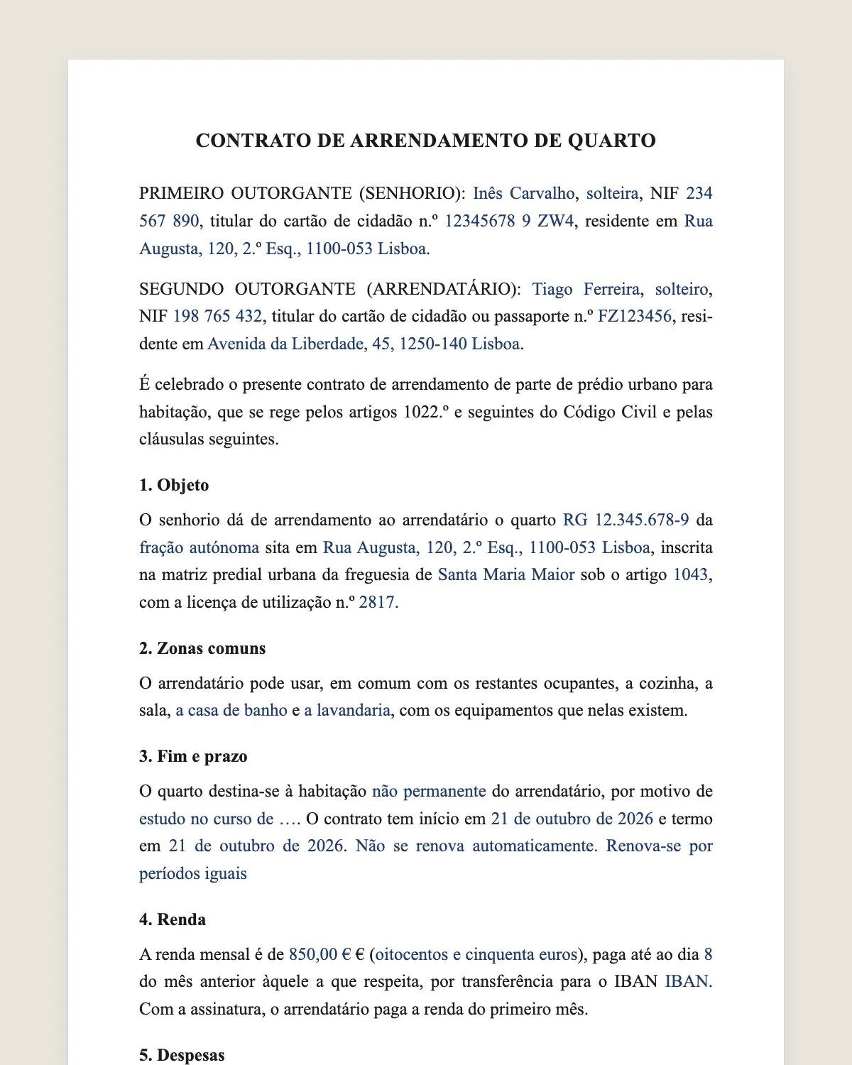 Exemplo de contrato de arrendamento de quarto preenchido com dados fictícios