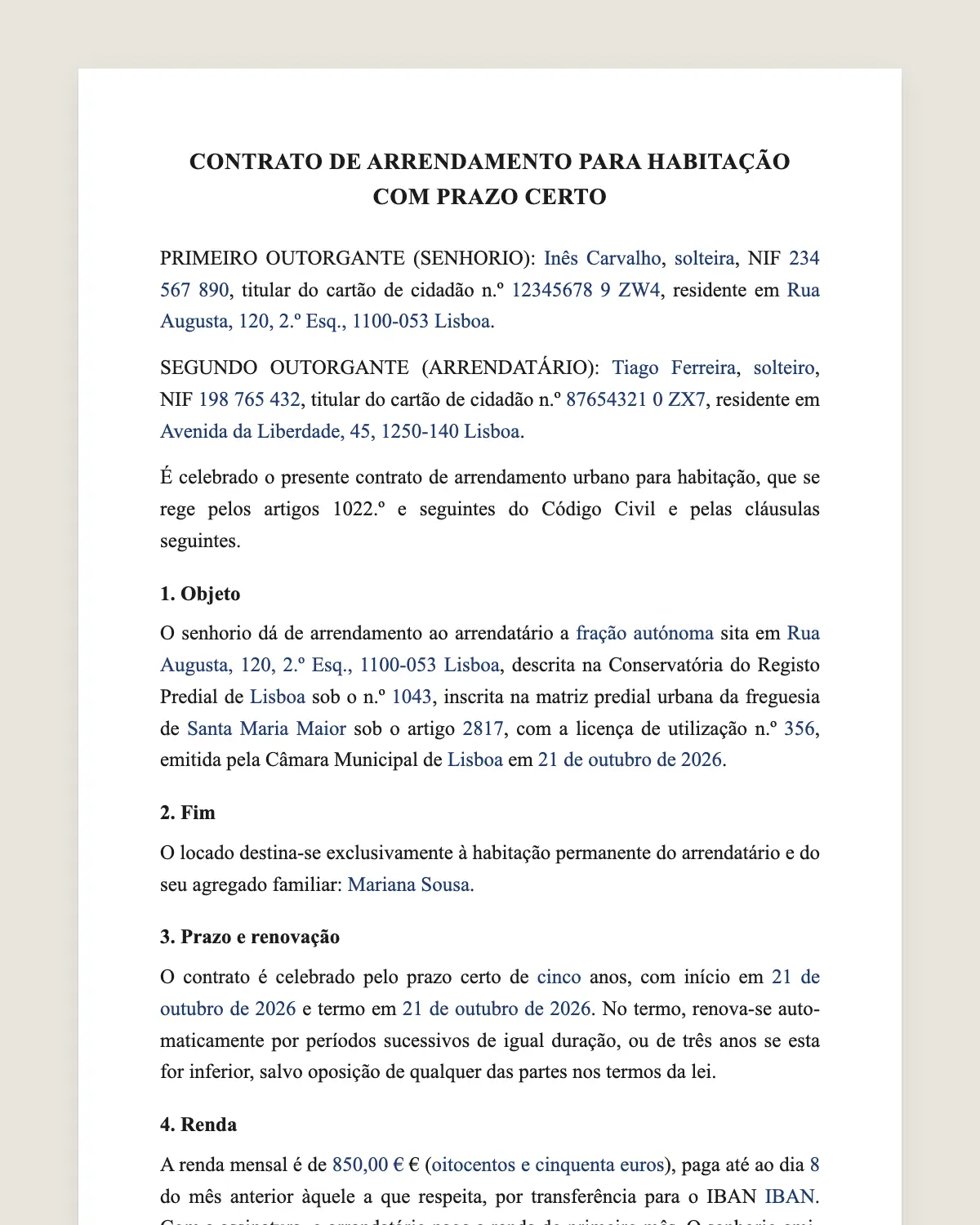 Exemplo de contrato de arrendamento preenchido com dados fictícios