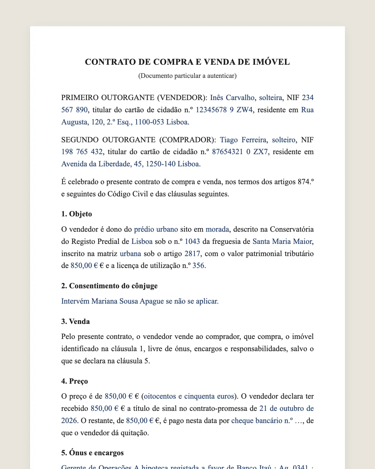Exemplo de contrato de compra e venda de imóvel preenchido com dados fictícios
