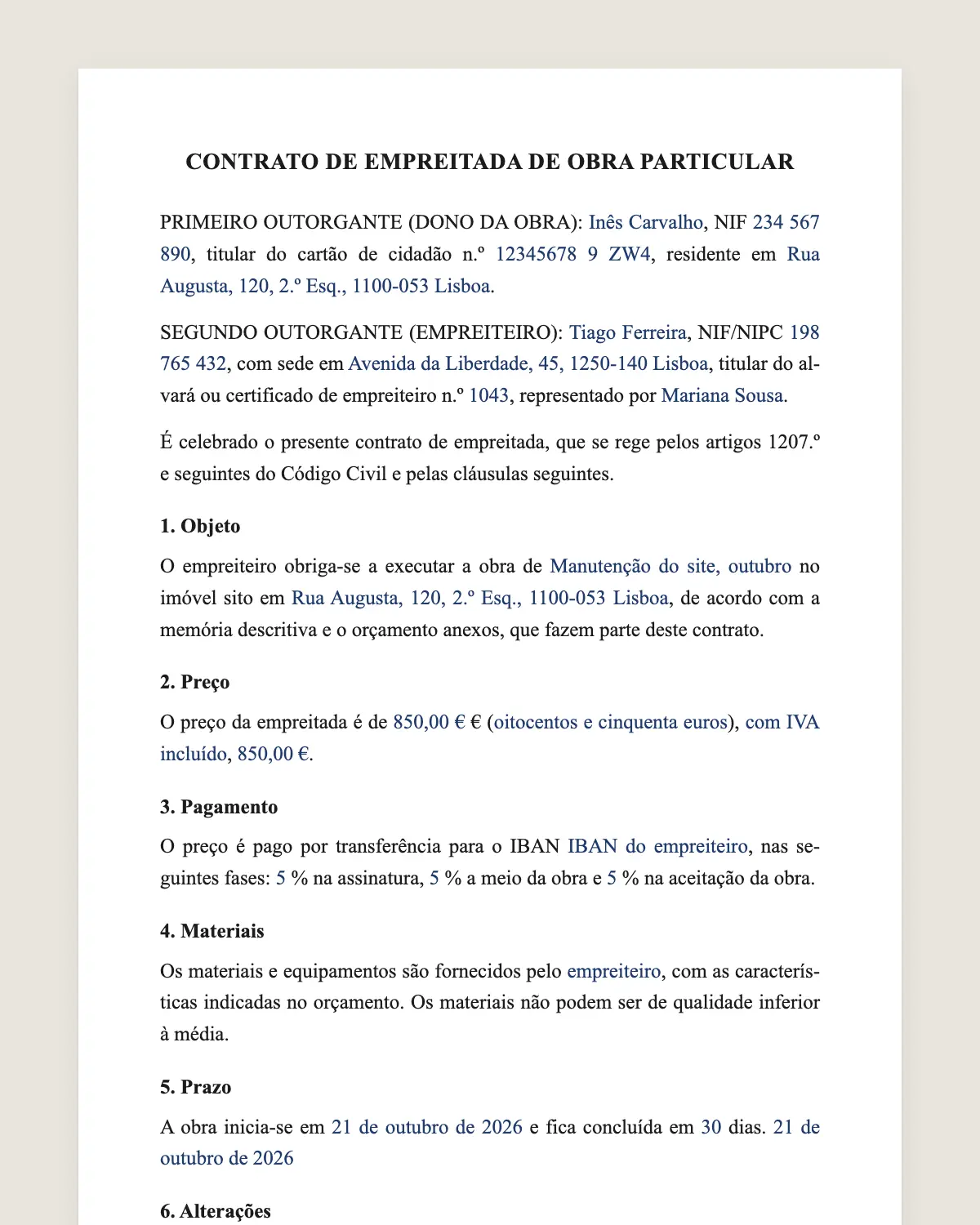 Exemplo de contrato de empreitada preenchido com dados fictícios