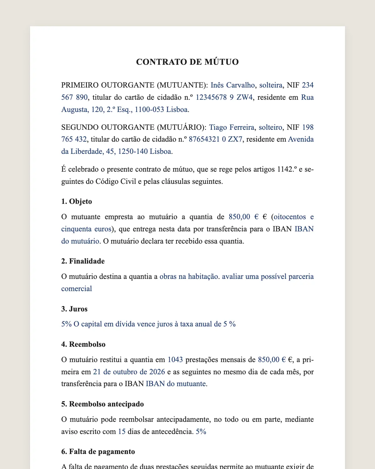 Exemplo de contrato de mútuo preenchido com dados fictícios