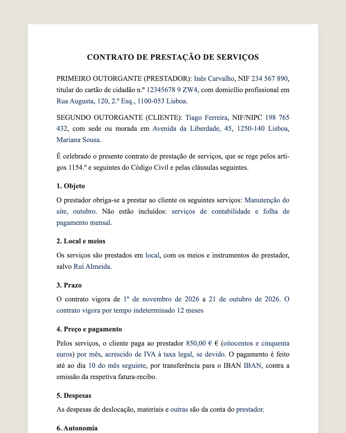 Exemplo de contrato de prestação de serviços preenchido com dados fictícios