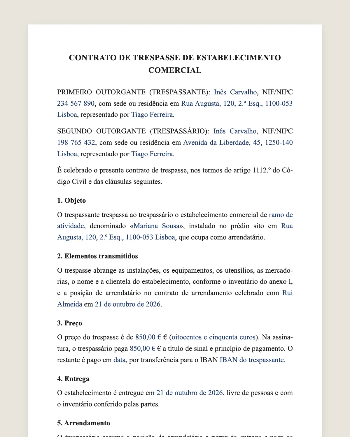 Exemplo de contrato de trespasse preenchido com dados fictícios