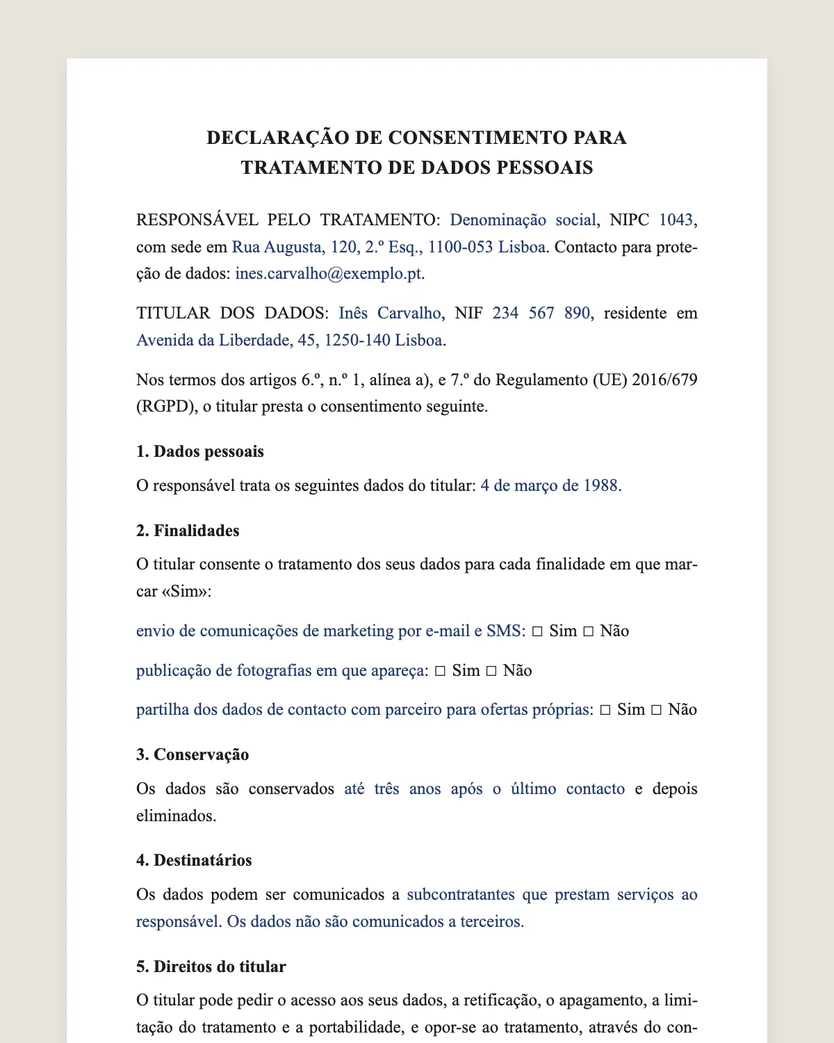 Exemplo de declaração de consentimento RGPD preenchido com dados fictícios