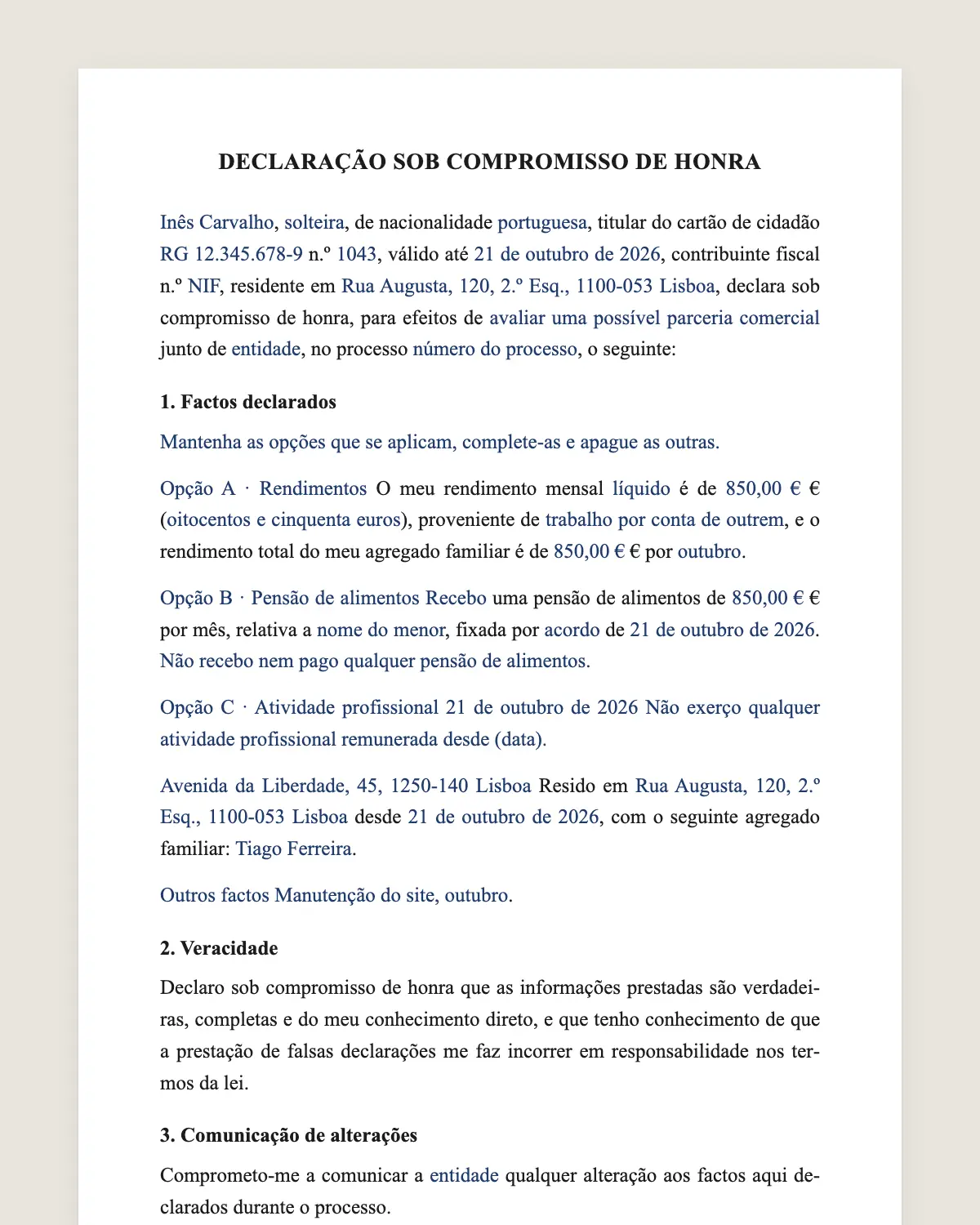 Exemplo de declaração sob compromisso de honra preenchido com dados fictícios