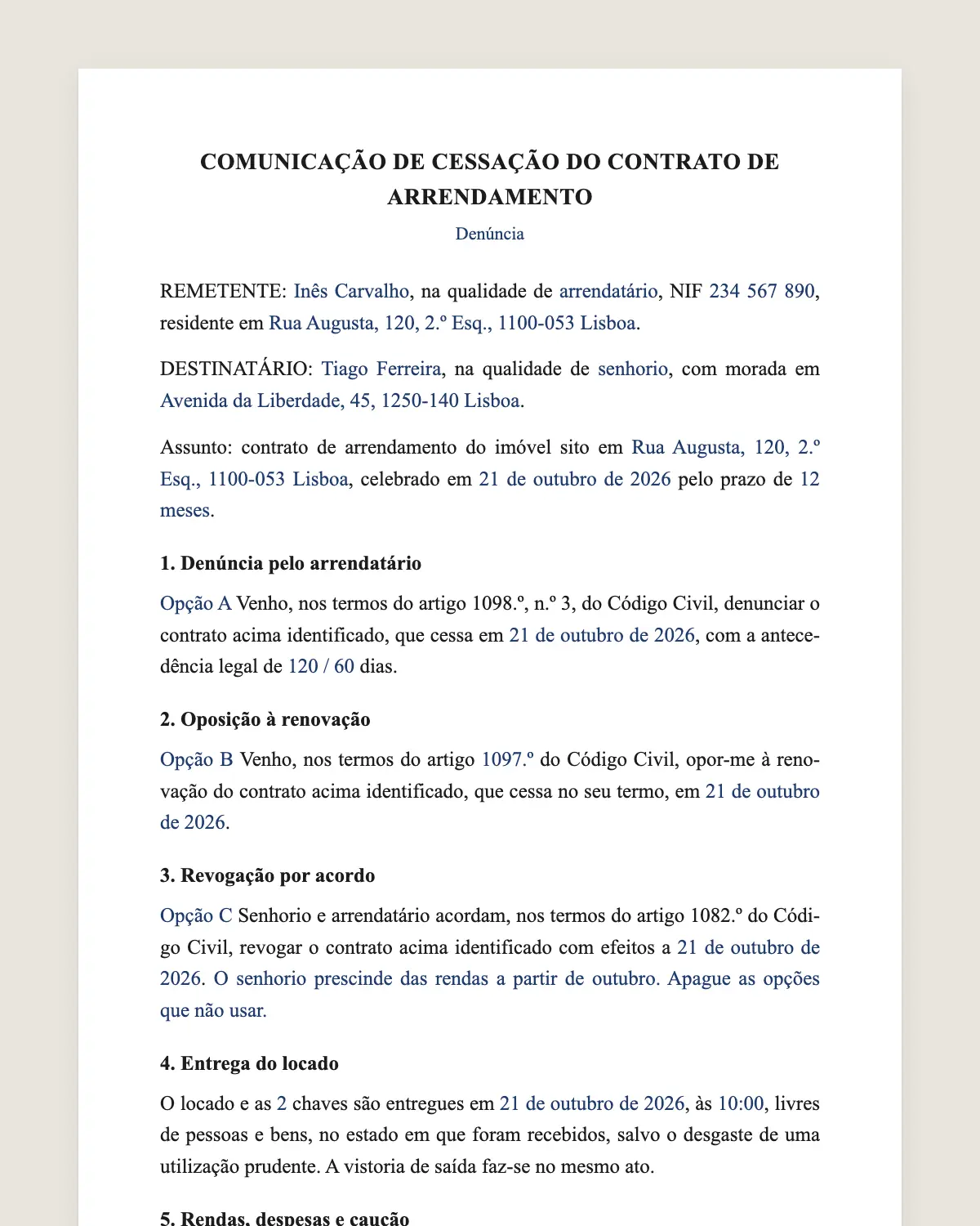 Exemplo de denúncia do contrato de arrendamento preenchido com dados fictícios