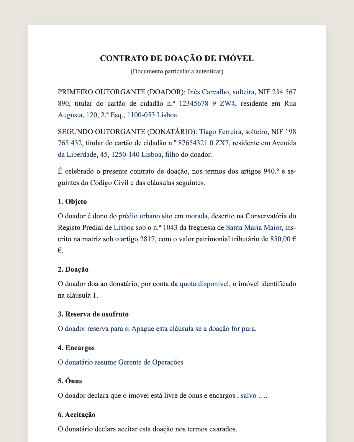 Exemplo de contrato de doação de imóvel preenchido com dados fictícios