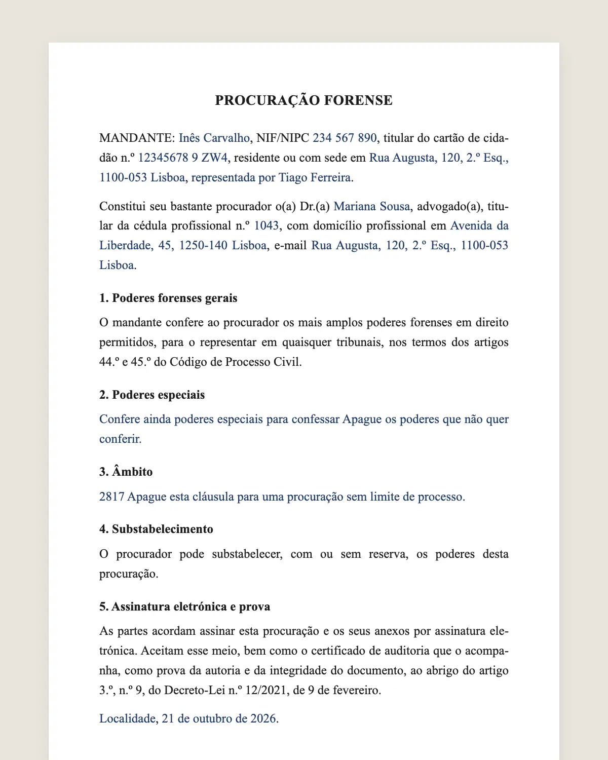 Exemplo de procuração forense preenchido com dados fictícios