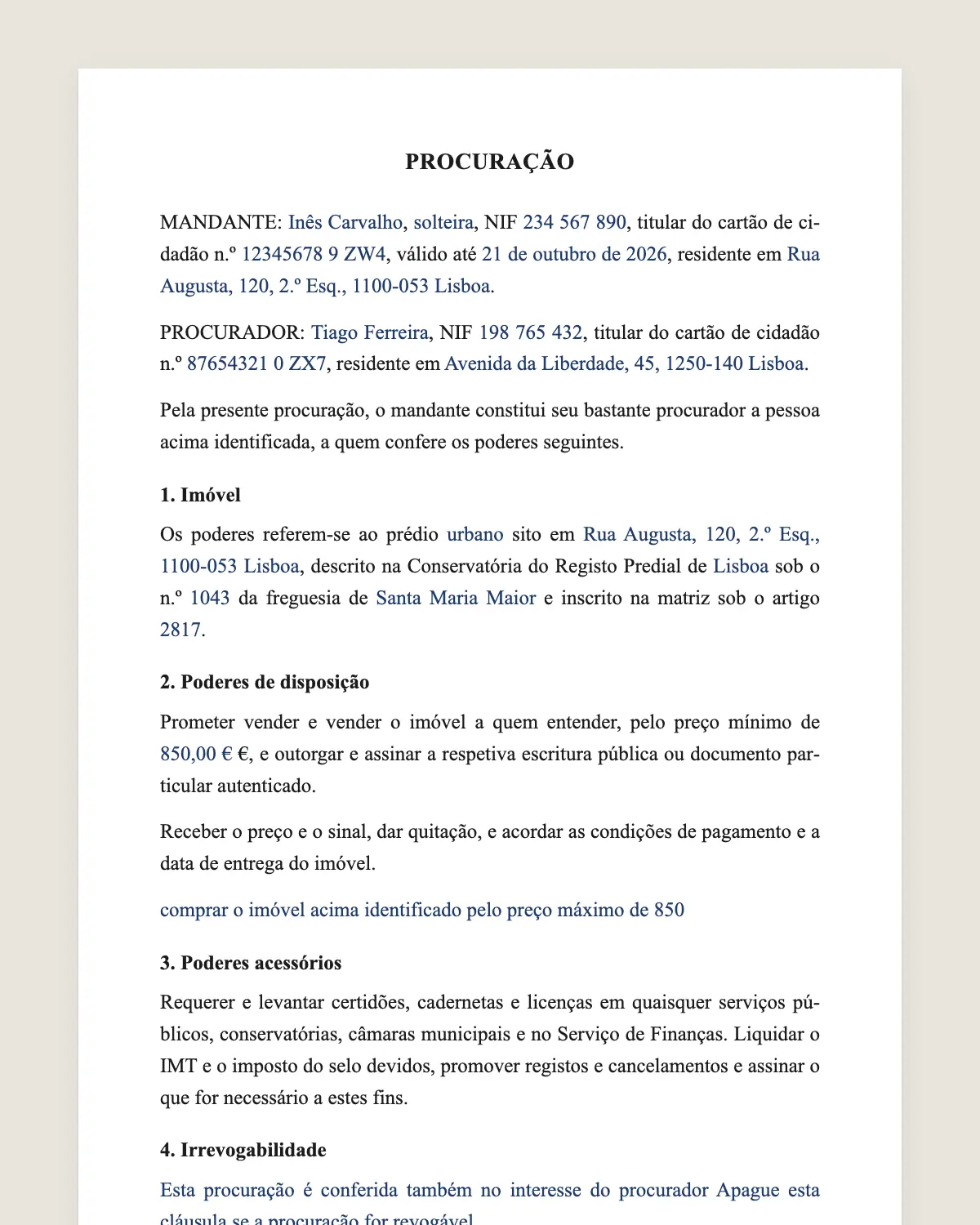Exemplo de procuração para imóvel preenchido com dados fictícios