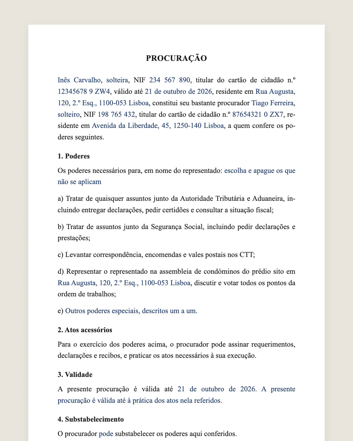 Exemplo de procuração preenchido com dados fictícios