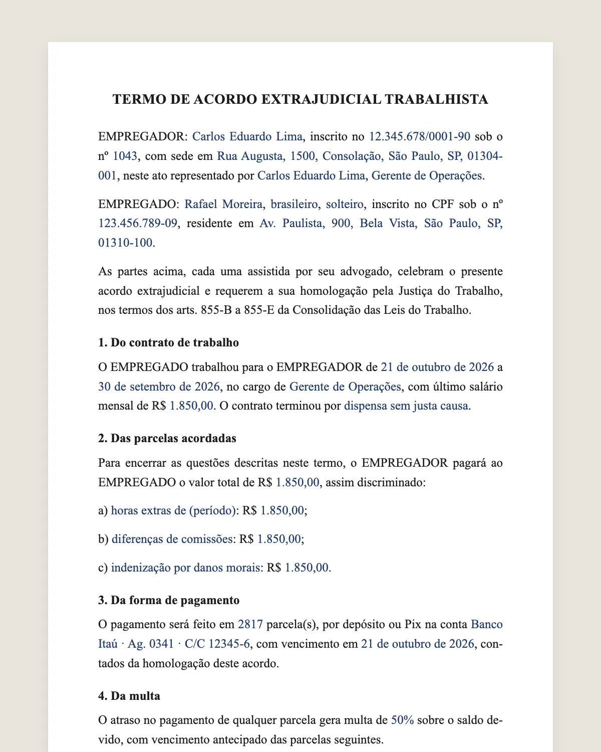 Exemplo de termo de acordo extrajudicial trabalhista preenchido com dados fictícios