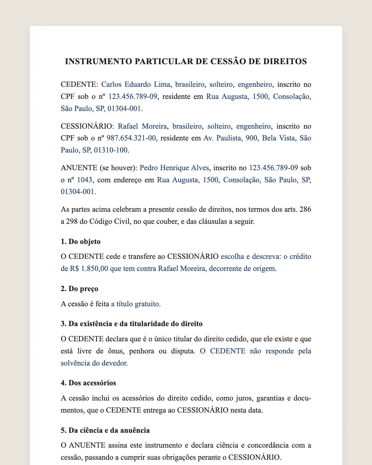 Exemplo de instrumento particular de cessão de direitos preenchido com dados fictícios