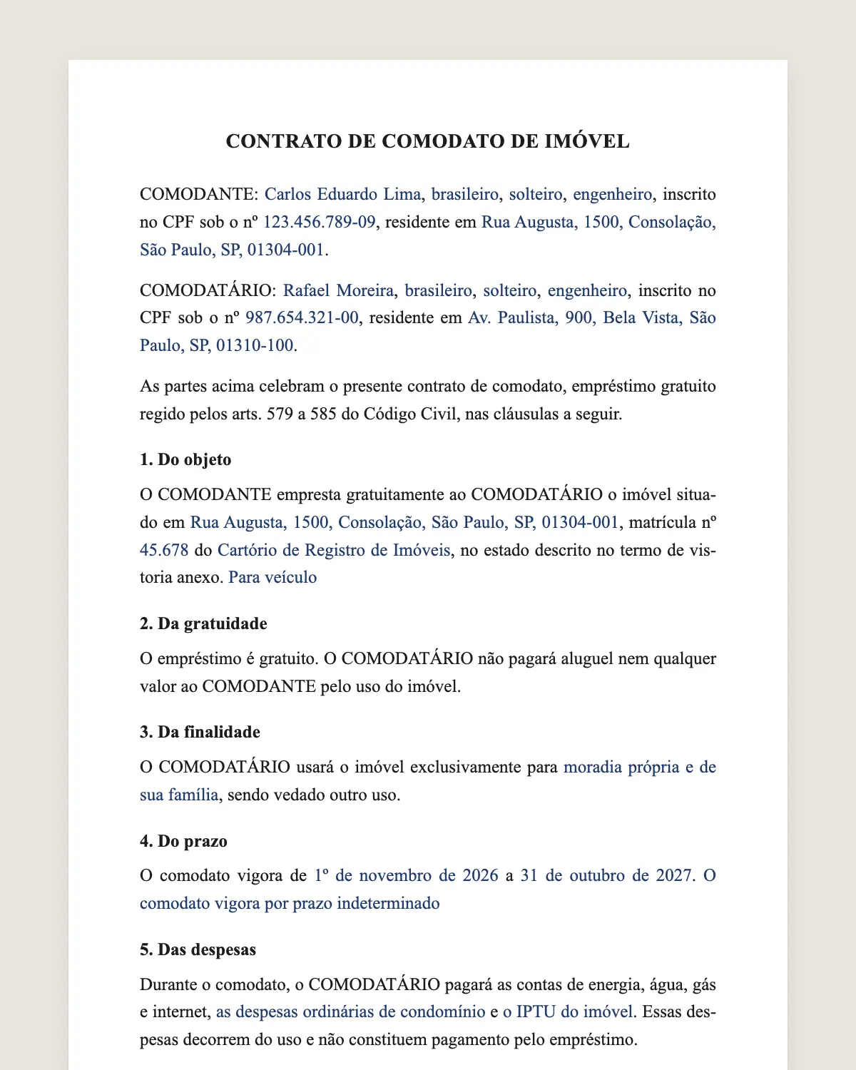 Exemplo de contrato de comodato preenchido com dados fictícios