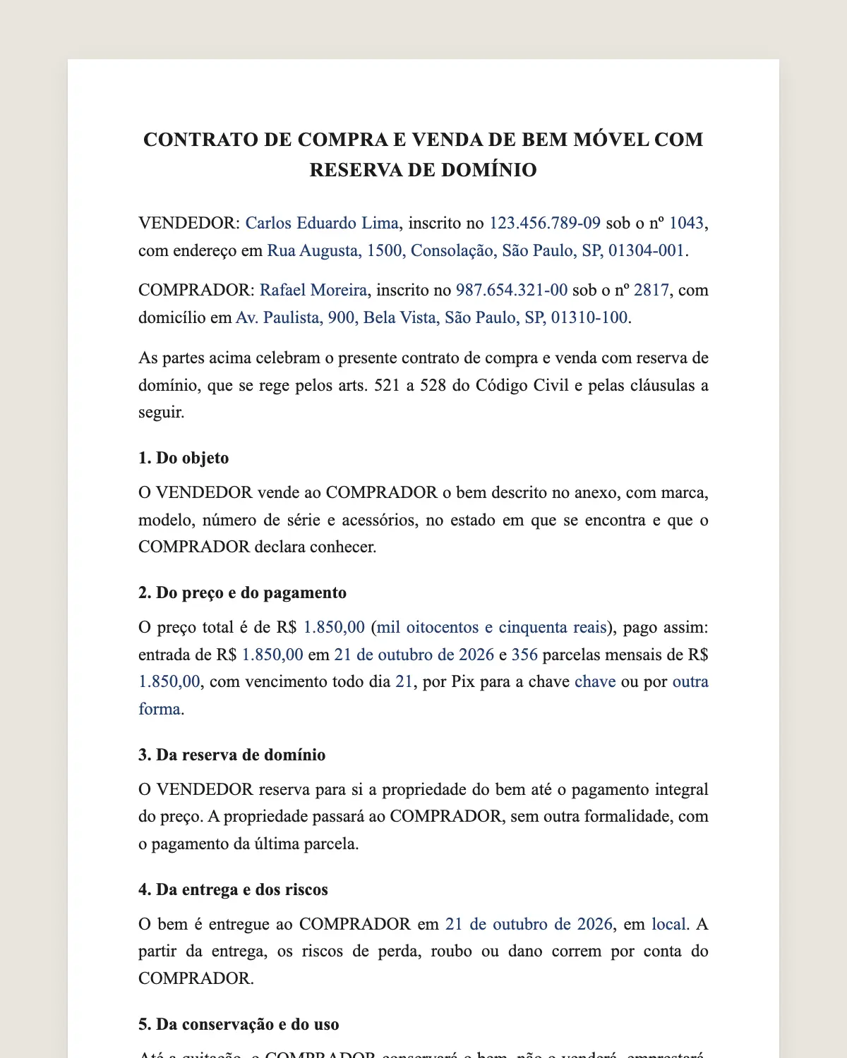 Exemplo de contrato de compra e venda com reserva de domínio preenchido com dados fictícios