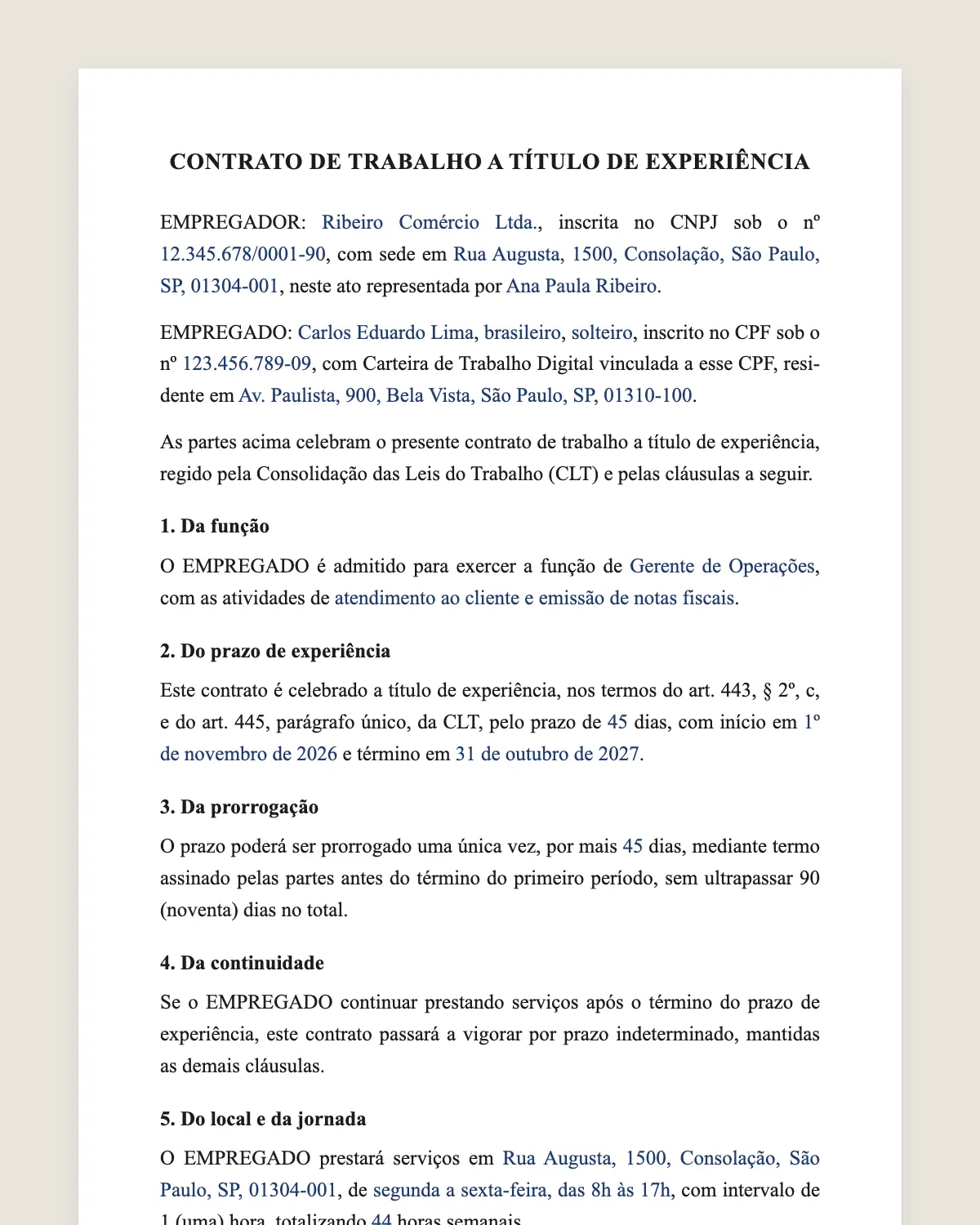 Exemplo de contrato de experiência preenchido com dados fictícios