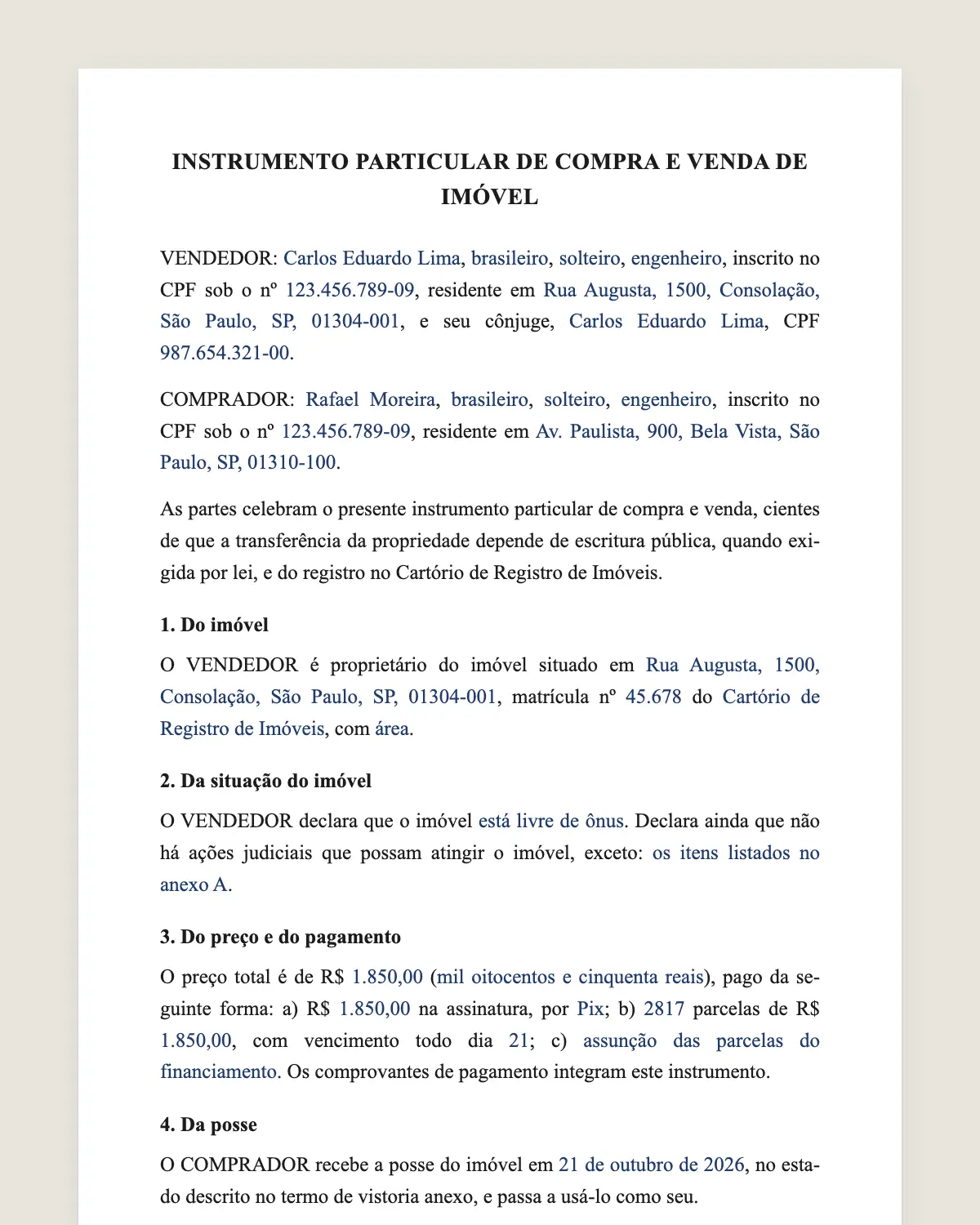 Exemplo de contrato particular de compra e venda (contrato de gaveta) preenchido com dados fictícios