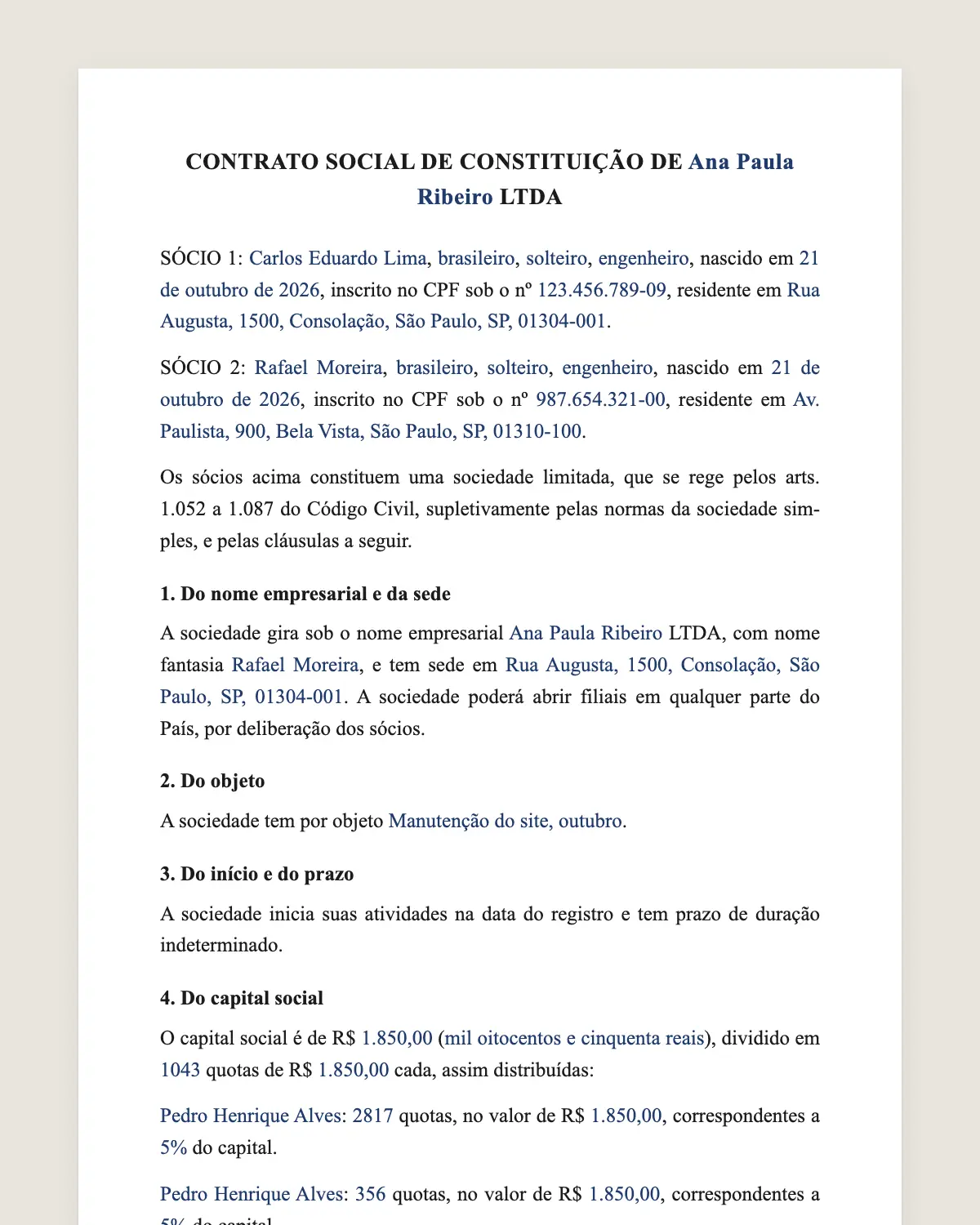 Exemplo de contrato social de sociedade limitada preenchido com dados fictícios
