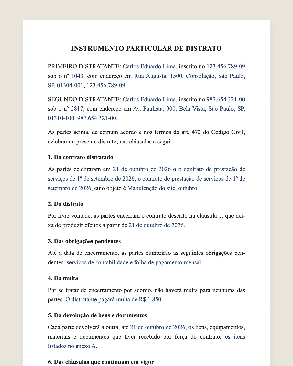 Exemplo de instrumento particular de distrato preenchido com dados fictícios