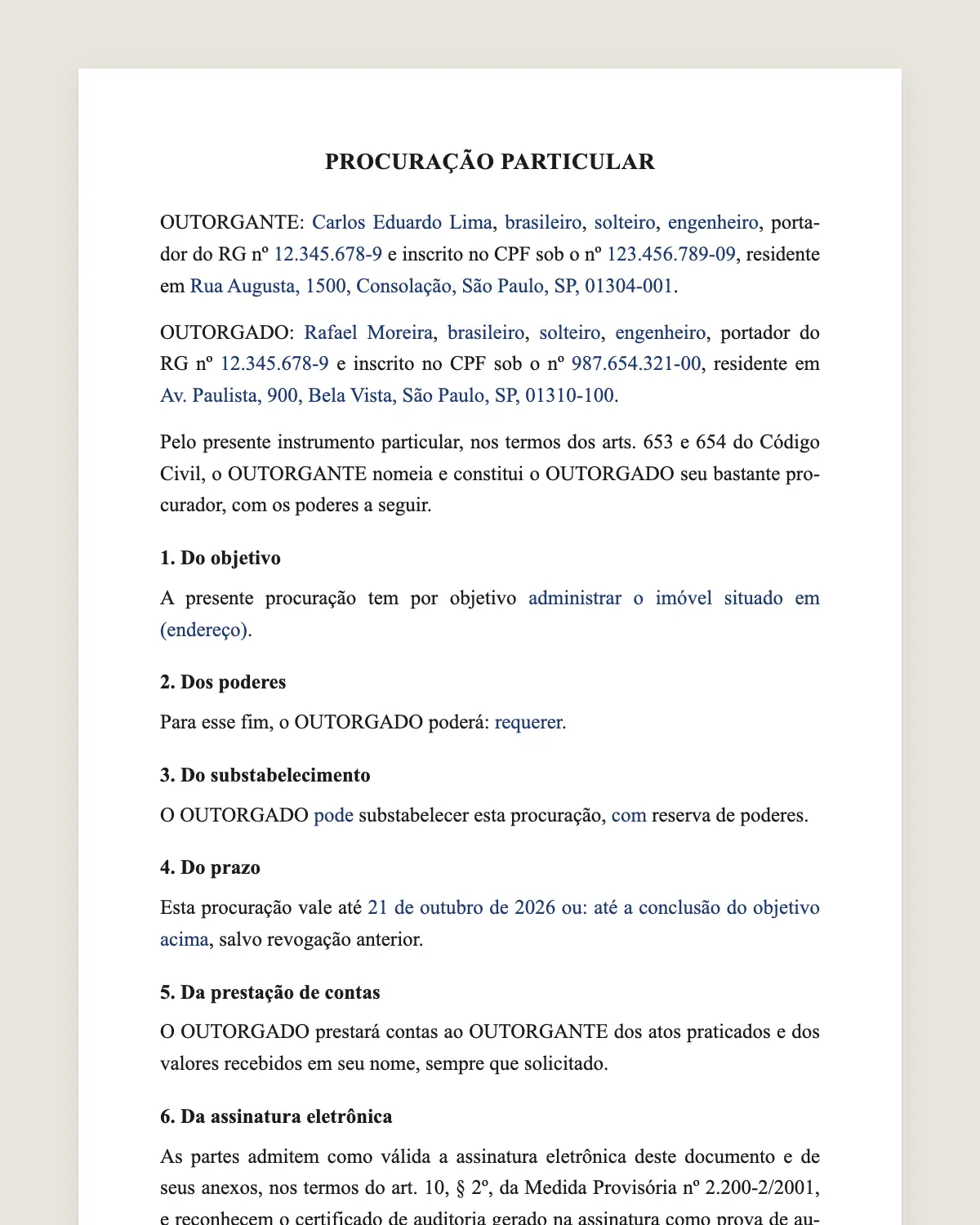 Exemplo de procuração particular preenchido com dados fictícios