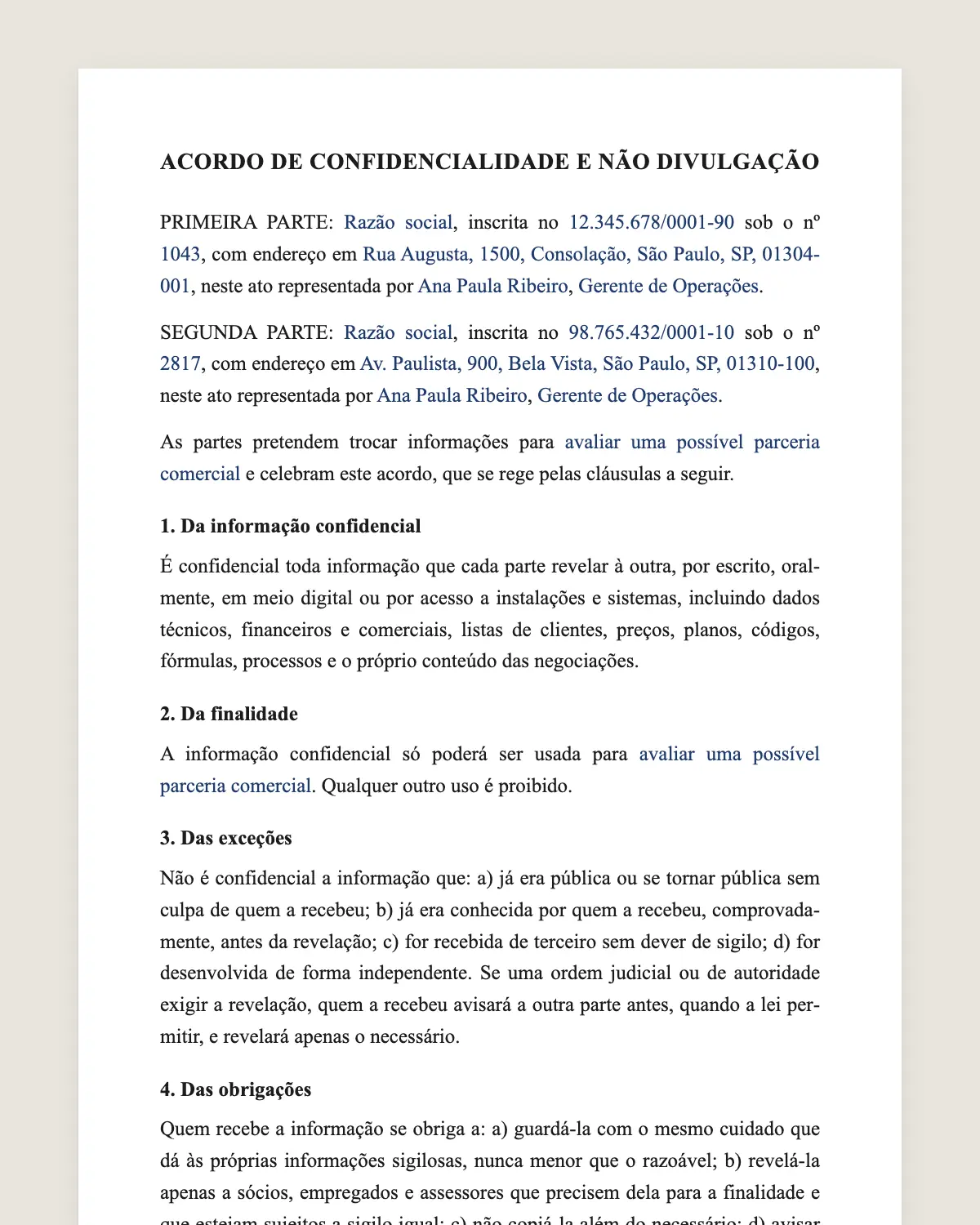 Exemplo de acordo de confidencialidade preenchido com dados fictícios